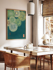 Japanese floral wall art print featuring stylized green, yellow, and red flowers on a dark teal background with artist seals. - Image 2