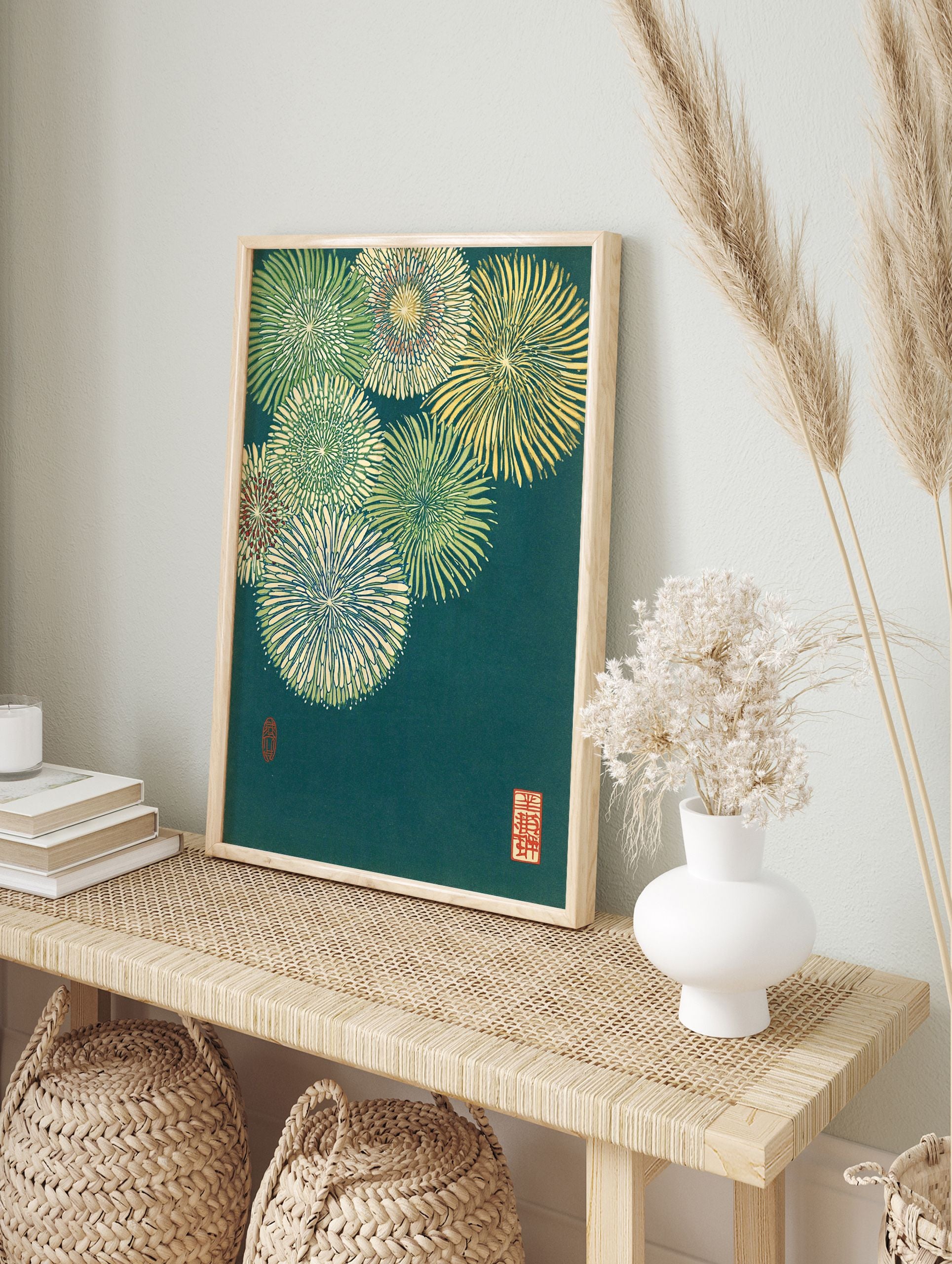 Japanese floral wall art print featuring stylized green, yellow, and red flowers on a dark teal background with artist seals. - Image 3