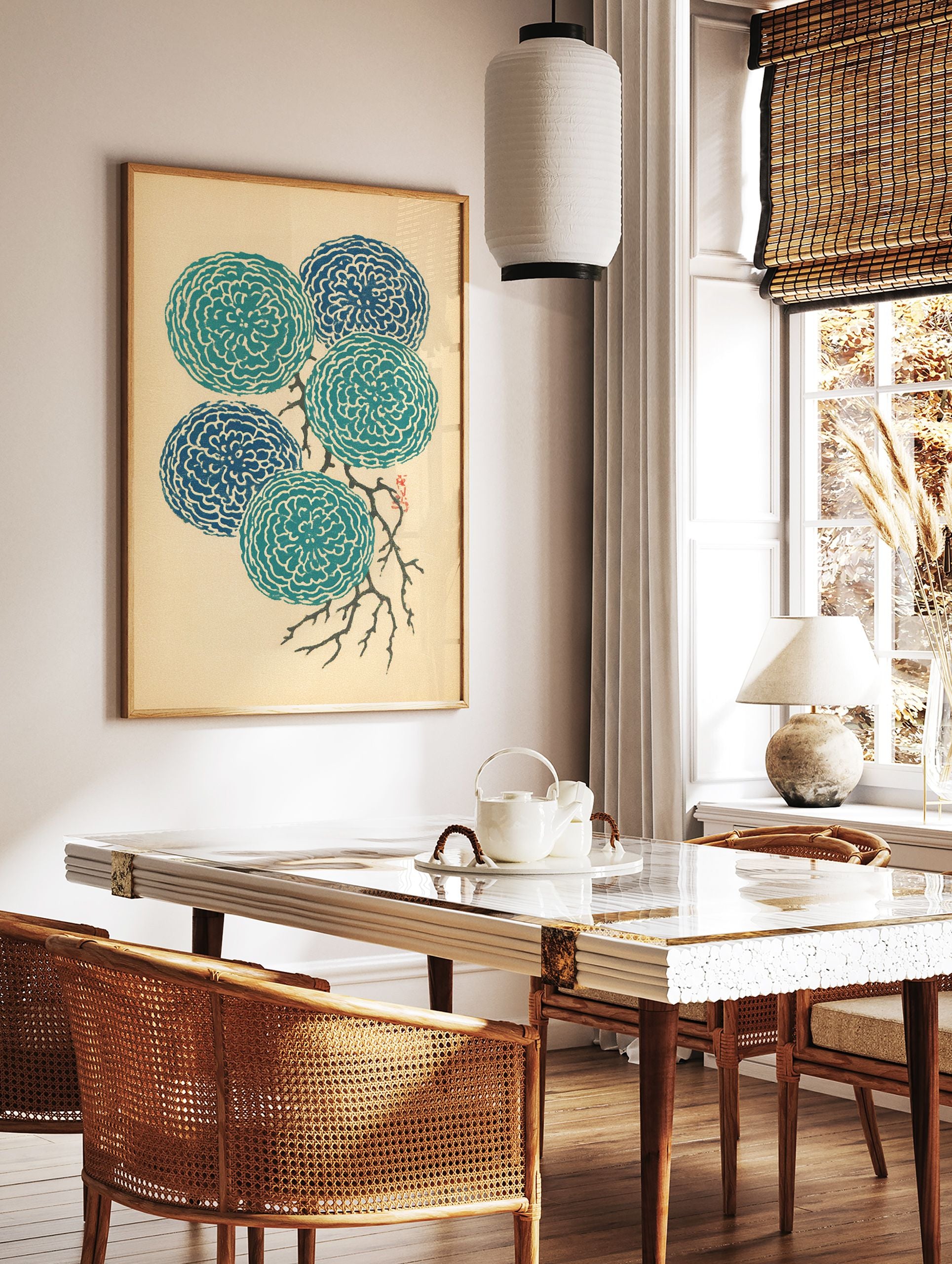 Japanese floral wall art featuring five stylized teal and blue chrysanthemum flowers on a branch against a light beige background. - Image 2