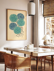 Japanese floral wall art featuring five stylized teal and blue chrysanthemum flowers on a branch against a light beige background. - Image 2
