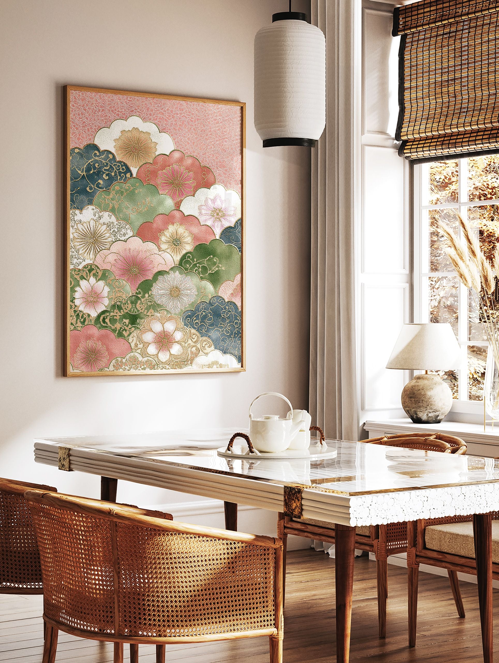Japanese Floral Wall Art featuring vibrant multi-color flowers and gold-outlined cloud shapes on a textured pink background. - Image 2