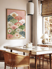 Japanese Floral Wall Art featuring vibrant multi-color flowers and gold-outlined cloud shapes on a textured pink background. - Image 2