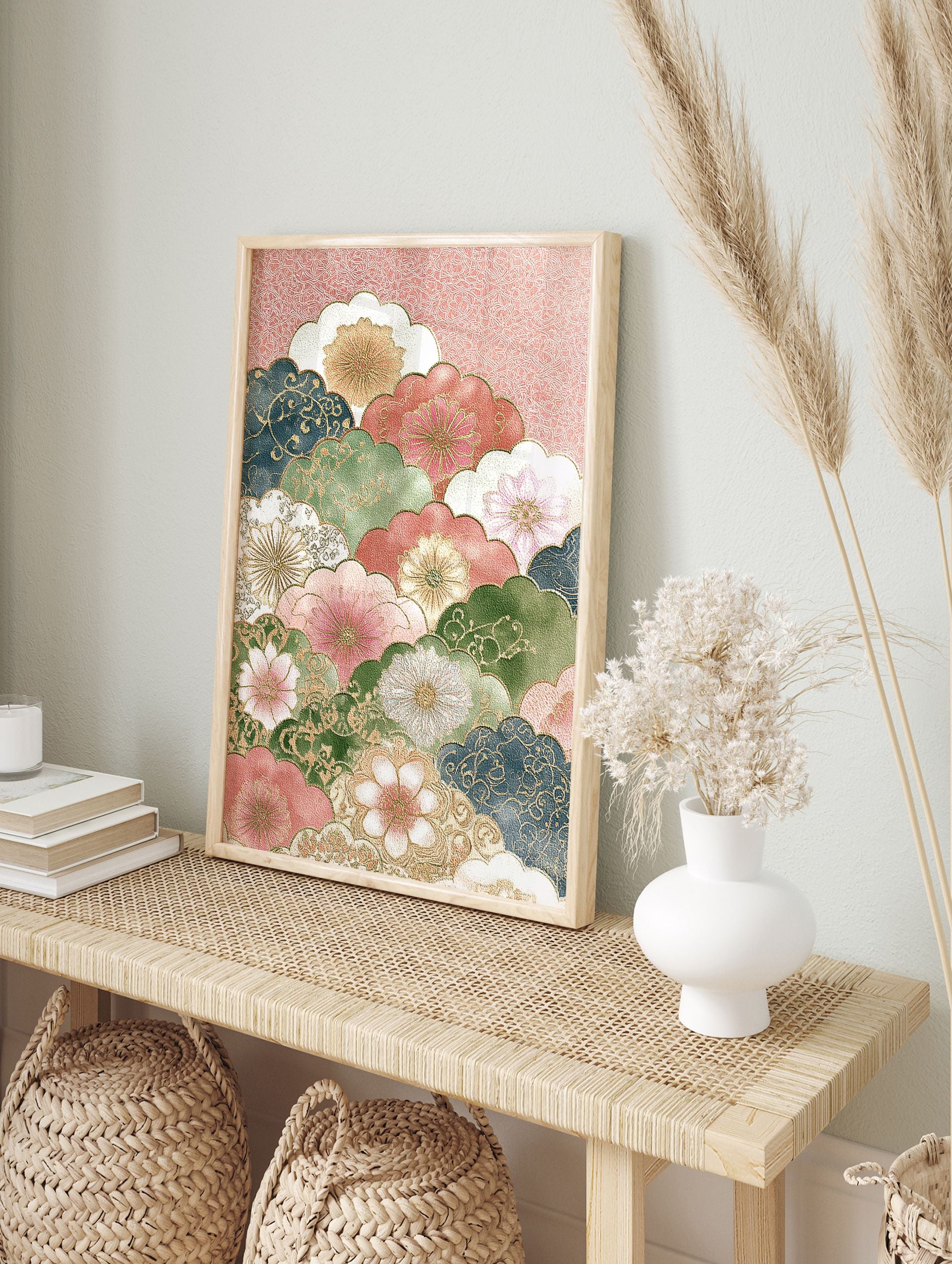 Japanese Floral Wall Art featuring vibrant multi-color flowers and gold-outlined cloud shapes on a textured pink background. - Image 3