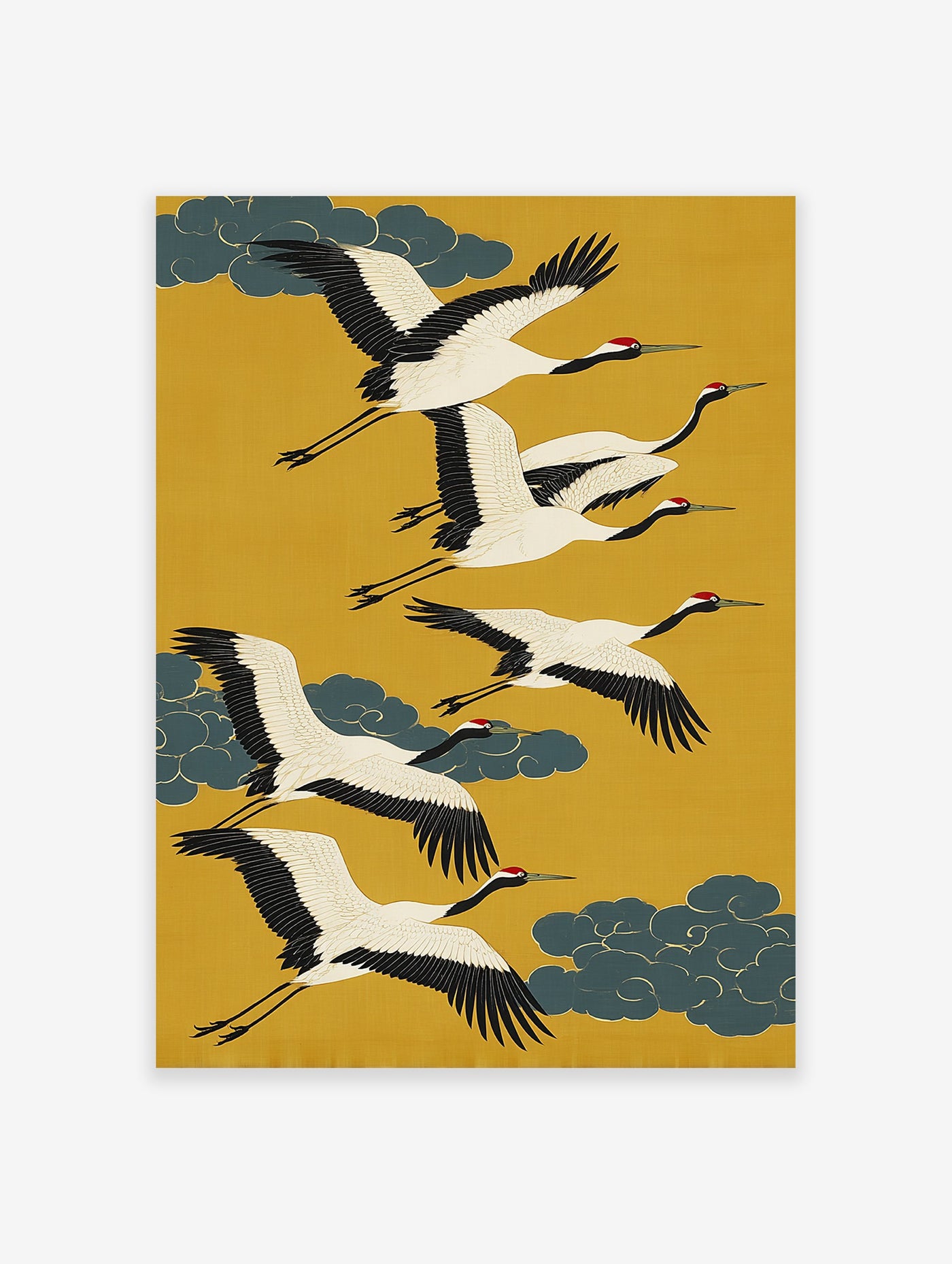 Japanese Flying Cranes poster featuring white cranes with black wings and red crowns flying against a yellow background with teal clouds.