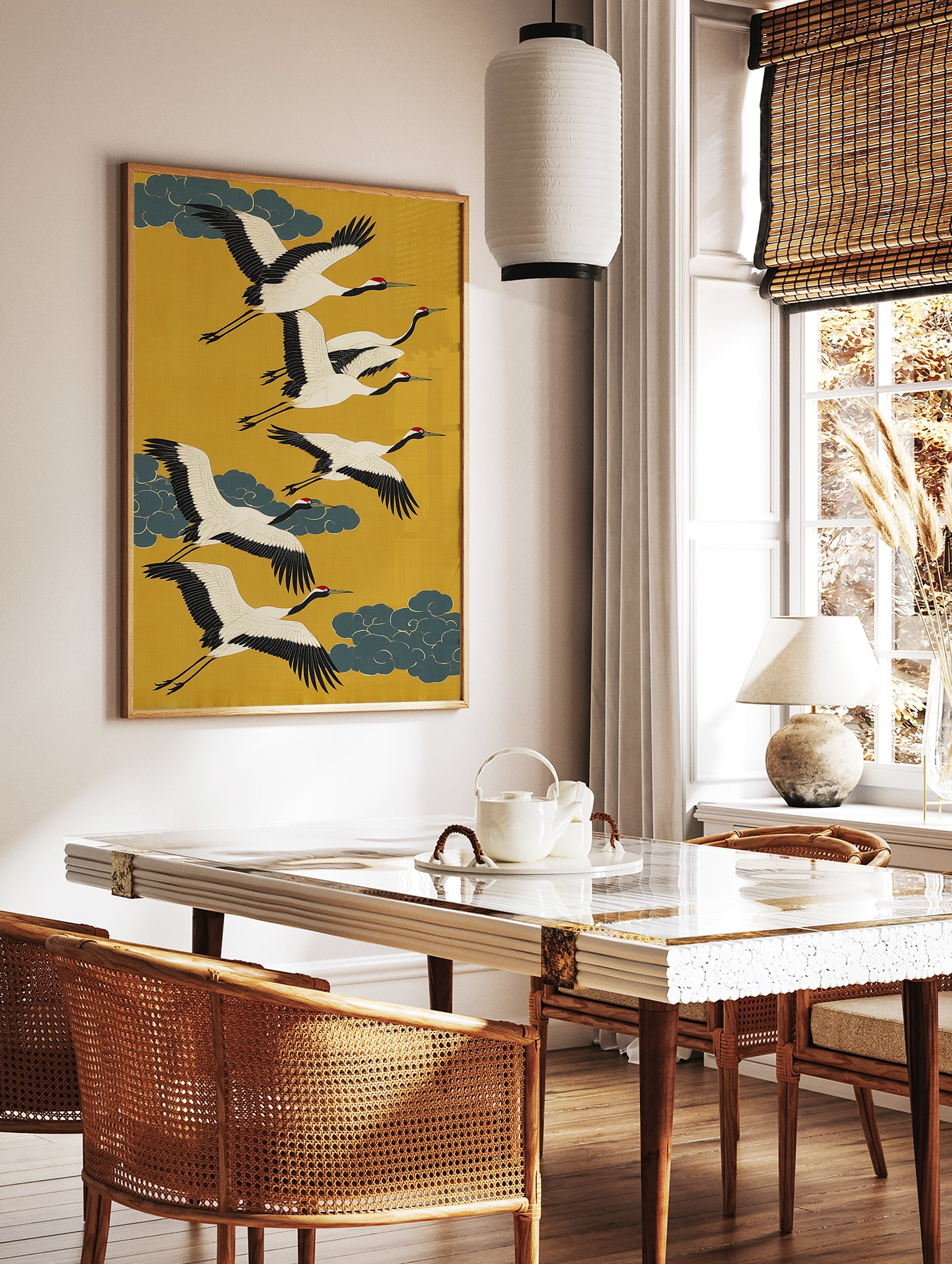 Japanese Flying Cranes poster featuring white cranes with black wings and red crowns flying against a yellow background with teal clouds. - Image 2