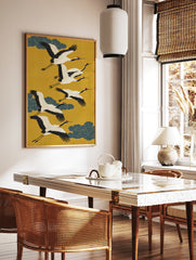 Japanese Flying Cranes poster featuring white cranes with black wings and red crowns flying against a yellow background with teal clouds. - Image 2