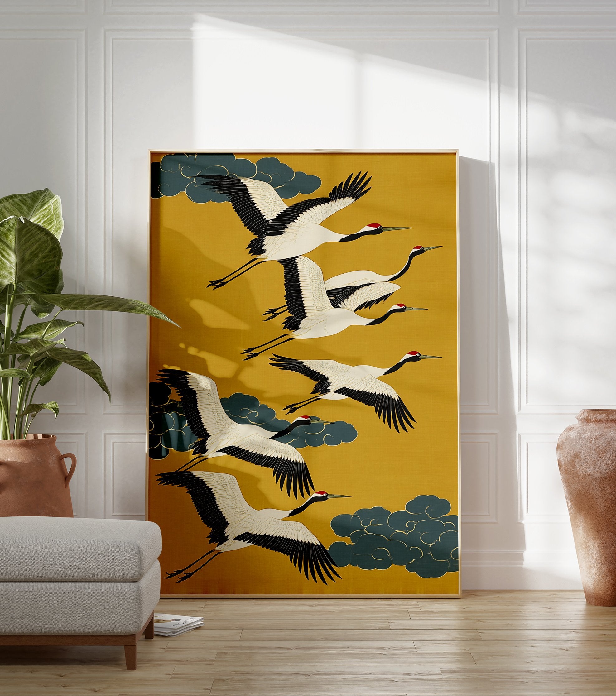 Japanese Flying Cranes poster featuring white cranes with black wings and red crowns flying against a yellow background with teal clouds. - Image 3