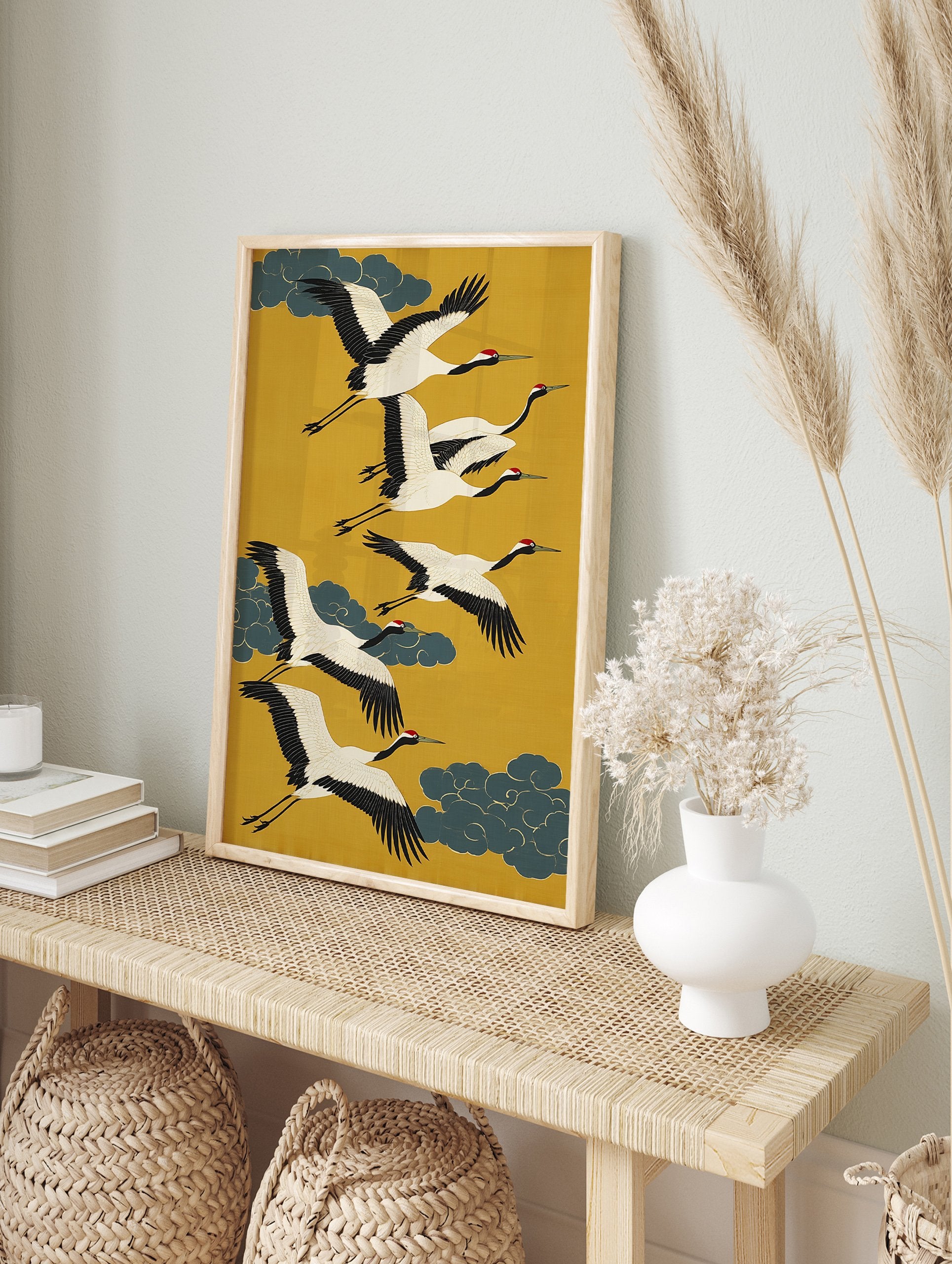 Japanese Flying Cranes poster featuring white cranes with black wings and red crowns flying against a yellow background with teal clouds. - Image 4