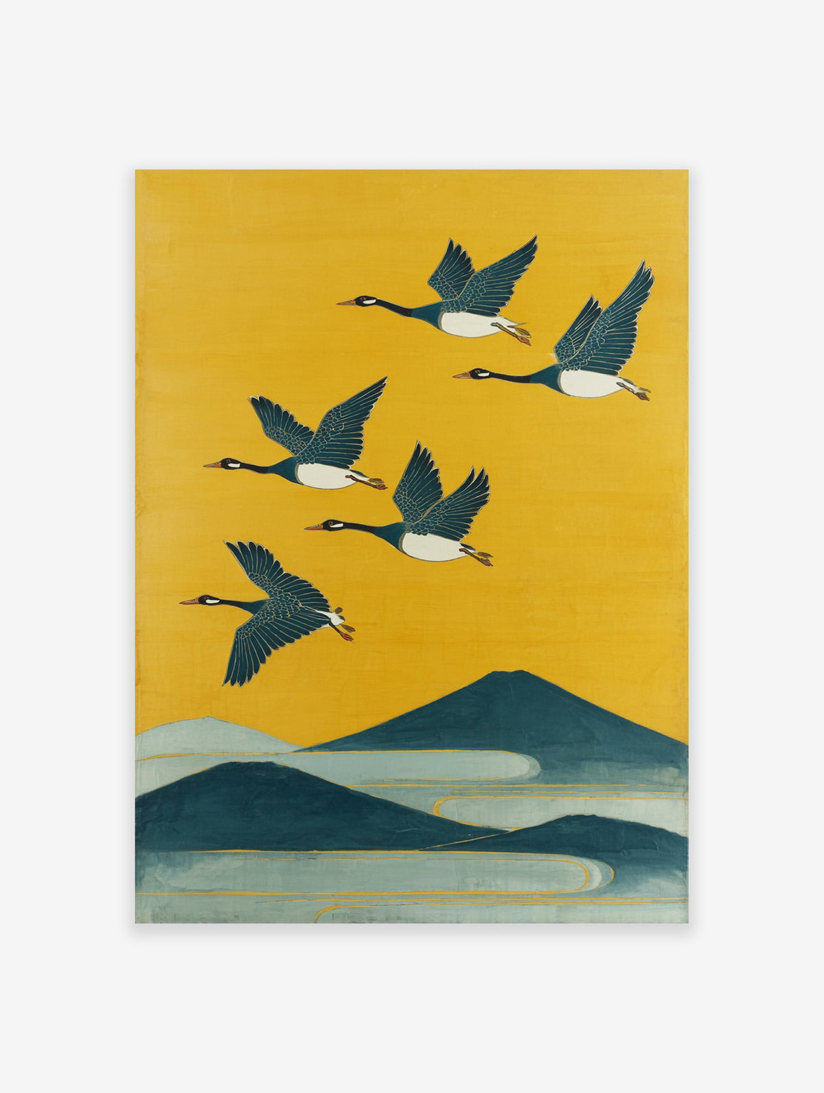 Japanese flying geese poster with a vibrant yellow sky, dark blue mountains, and light blue water in an illustrative style.