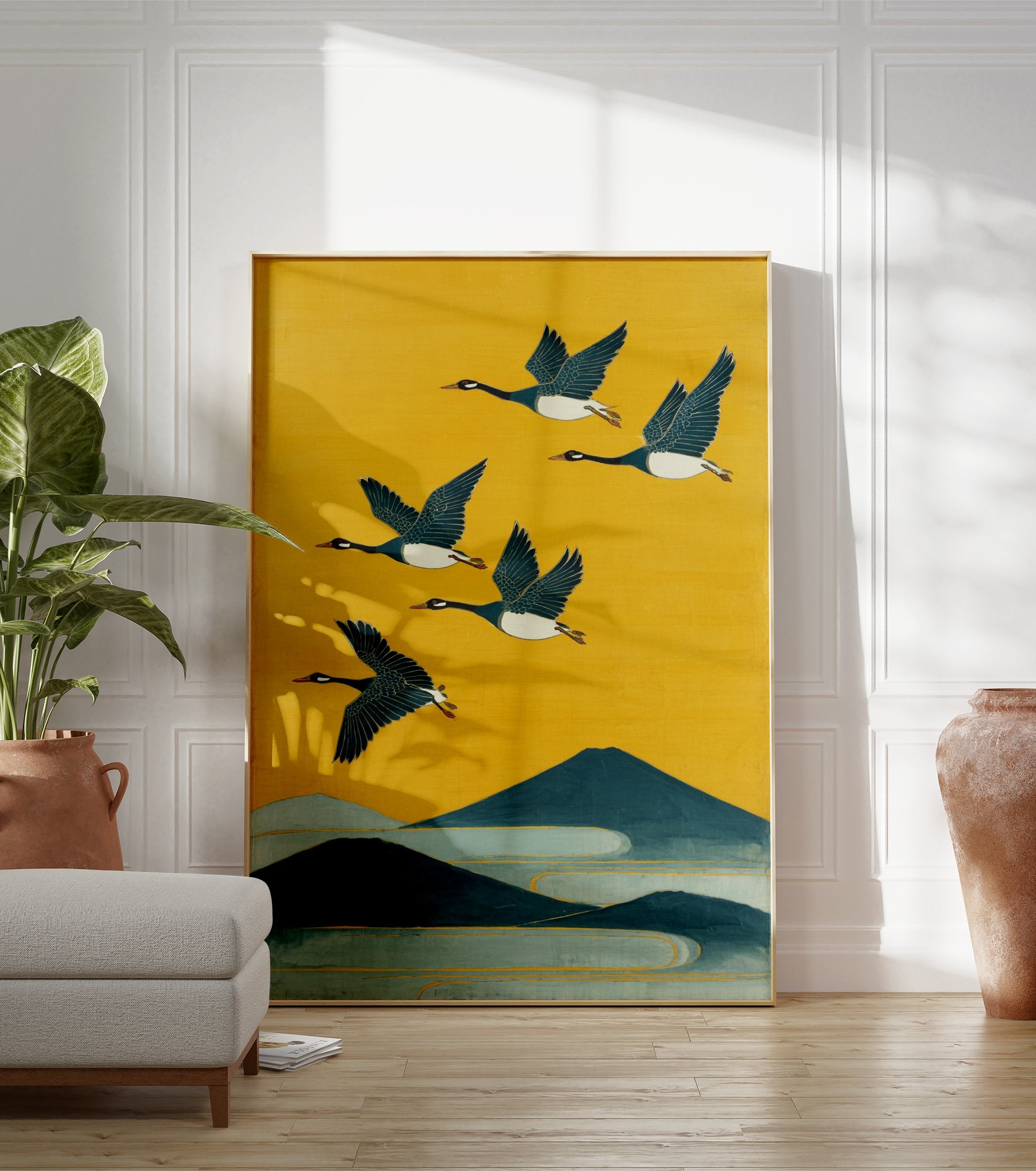 Japanese flying geese poster with a vibrant yellow sky, dark blue mountains, and light blue water in an illustrative style. - Image 3