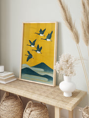Japanese flying geese poster with a vibrant yellow sky, dark blue mountains, and light blue water in an illustrative style. - Image 4