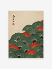 Japanese folding fans wall art with overlapping green and red fans, white radial lines, and Japanese calligraphy