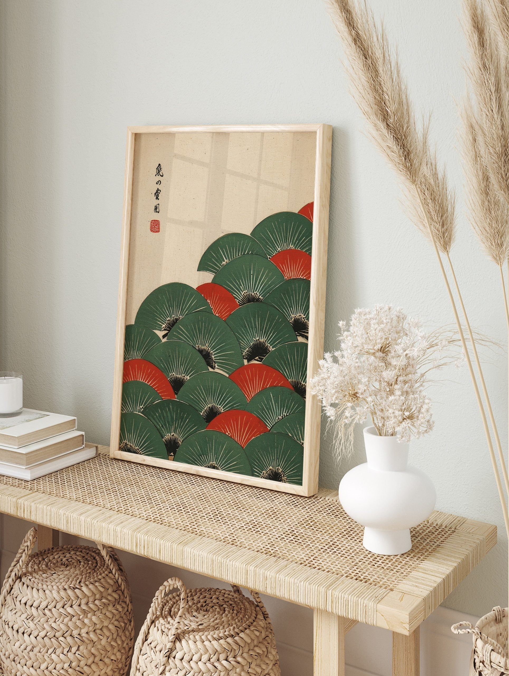 Japanese folding fans wall art with overlapping green and red fans, white radial lines, and, in an alternate framed mockup