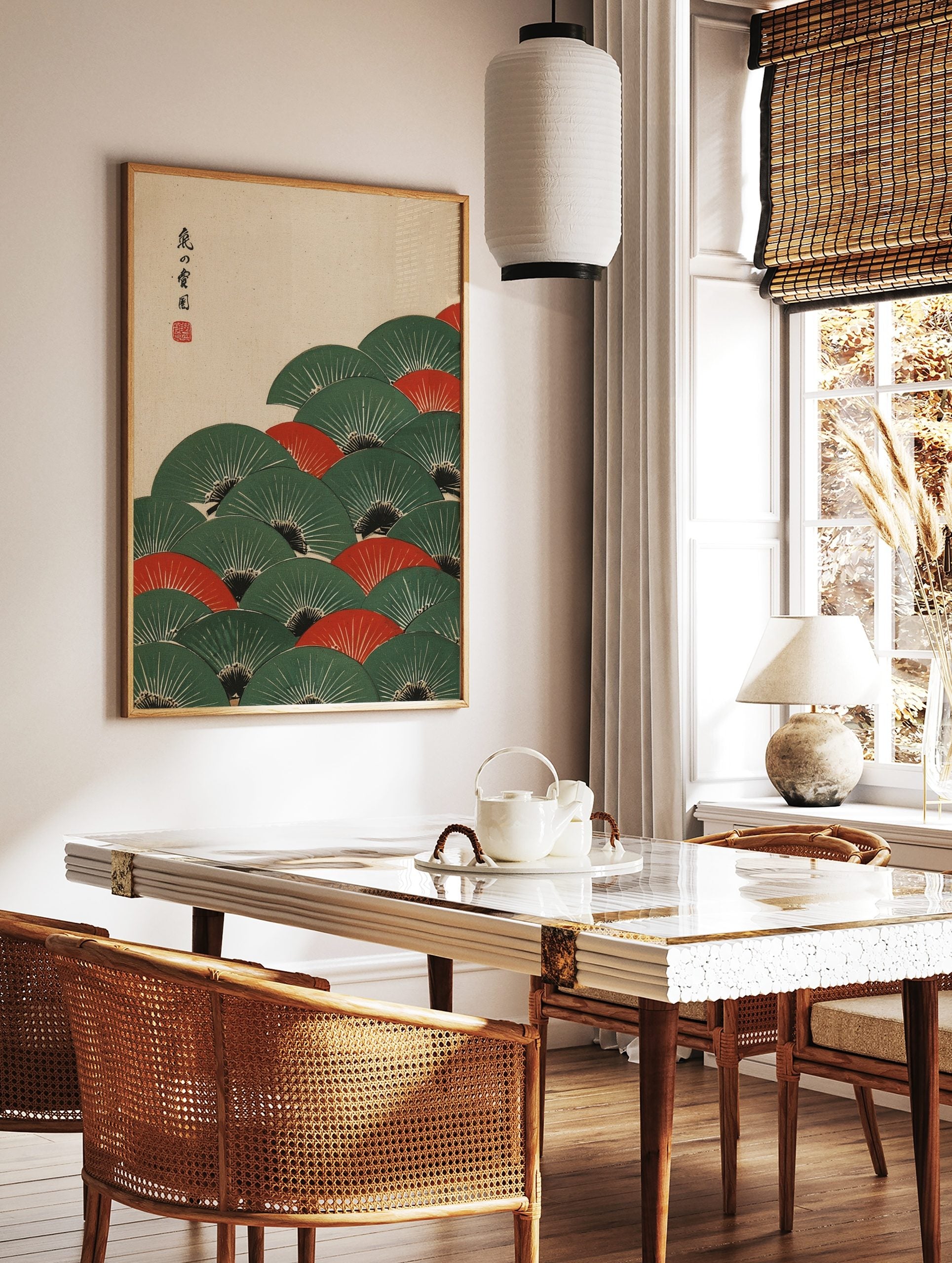Japanese folding fans wall art with overlapping green and red fans, white radial lines, and, in a styled room mockup