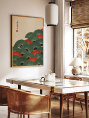 Japanese folding fans wall art with overlapping green and red fans, white radial lines, and, in a styled room mockup
