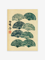 Japanese folding fans with wave patterns and calligraphy in green and beige, woodblock print style