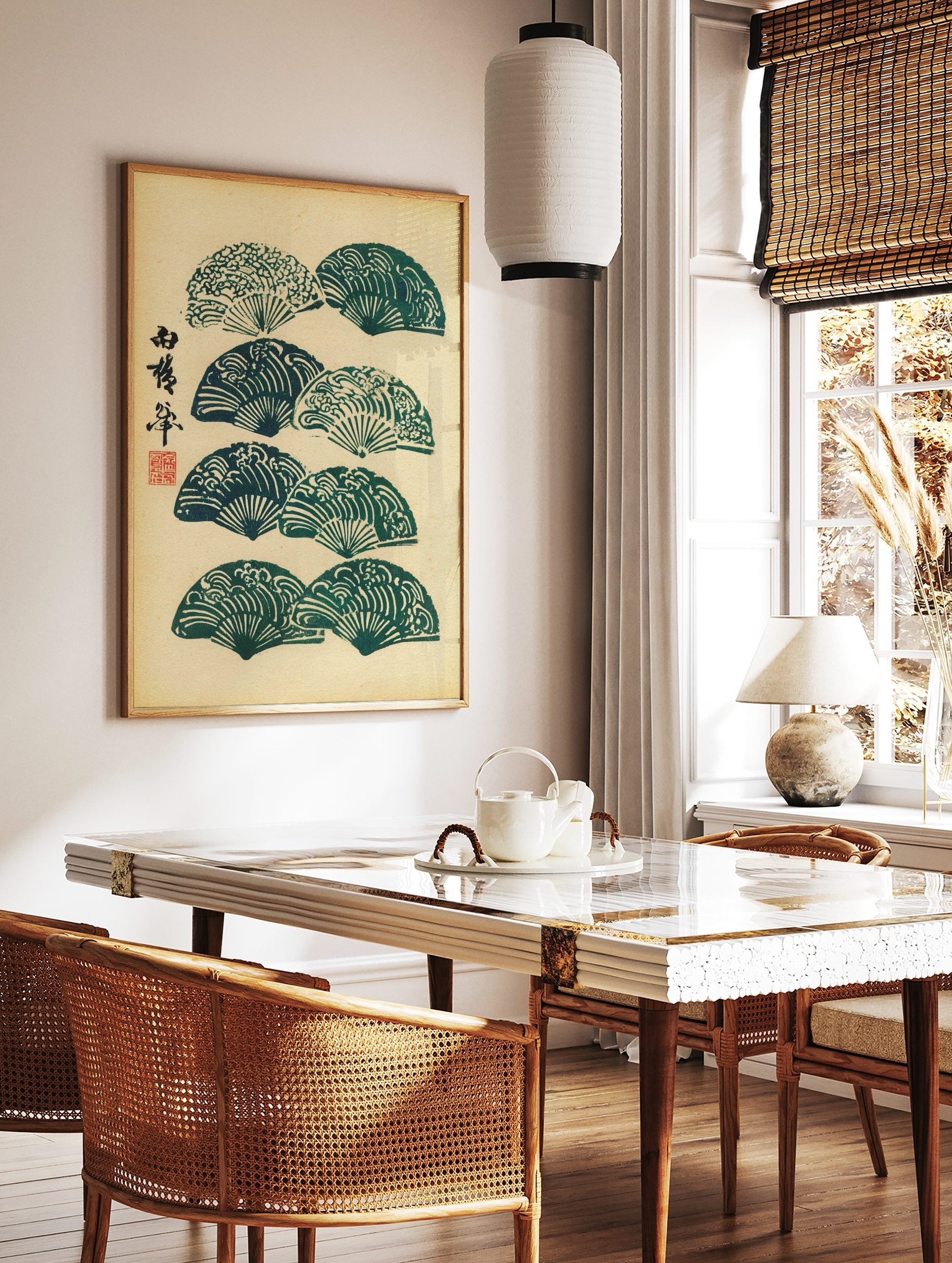 Japanese folding fans with wave patterns and calligraphy in green and beige, woodblock print style, in a styled room mockup