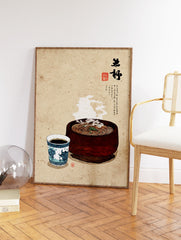 Traditional Japanese food art print with steaming noodles in a wooden bowl and a blue patterned tea cup on a rustic background. - Image 2