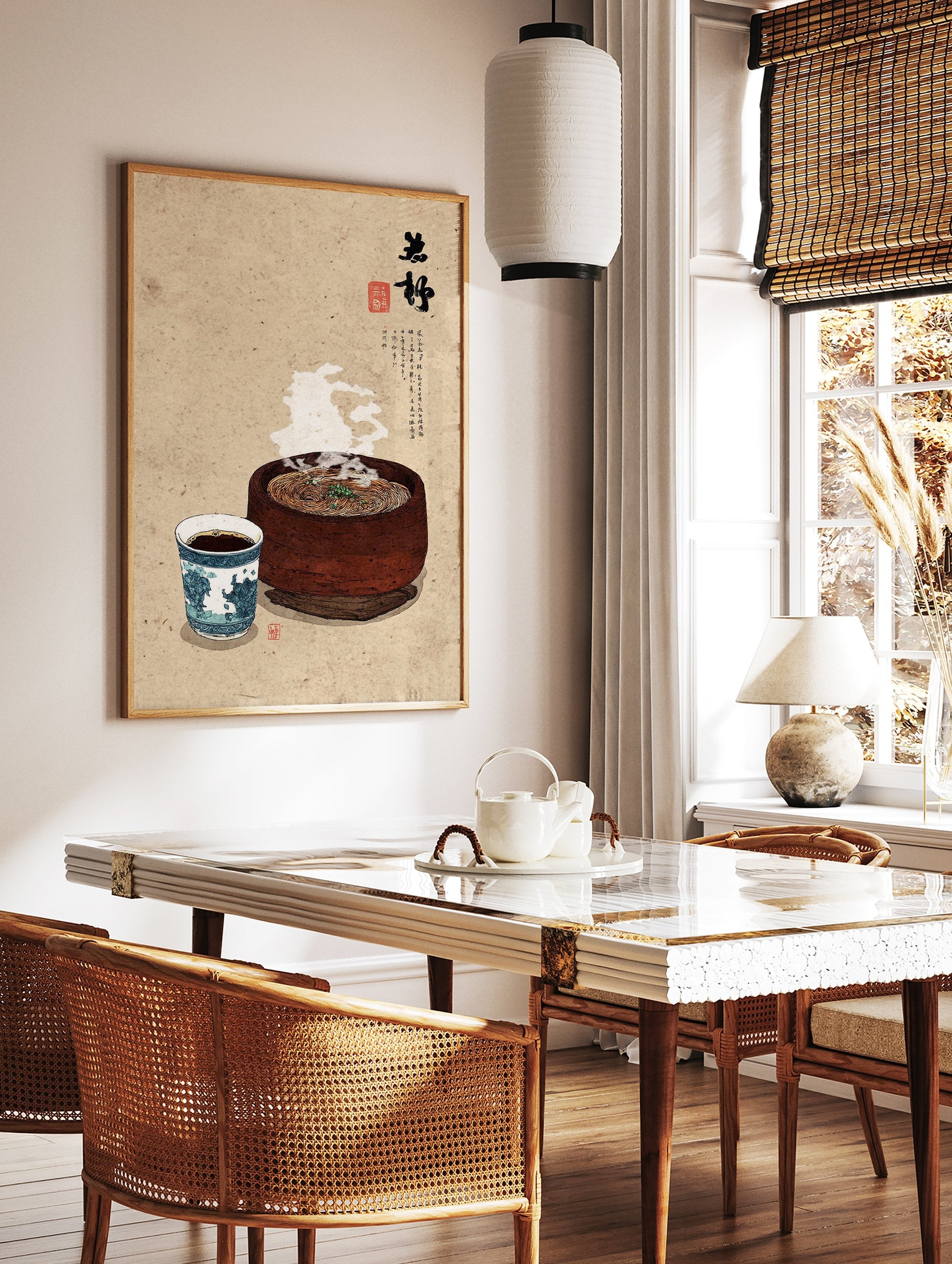 Traditional Japanese food art print with steaming noodles in a wooden bowl and a blue patterned tea cup on a rustic background. - Image 3