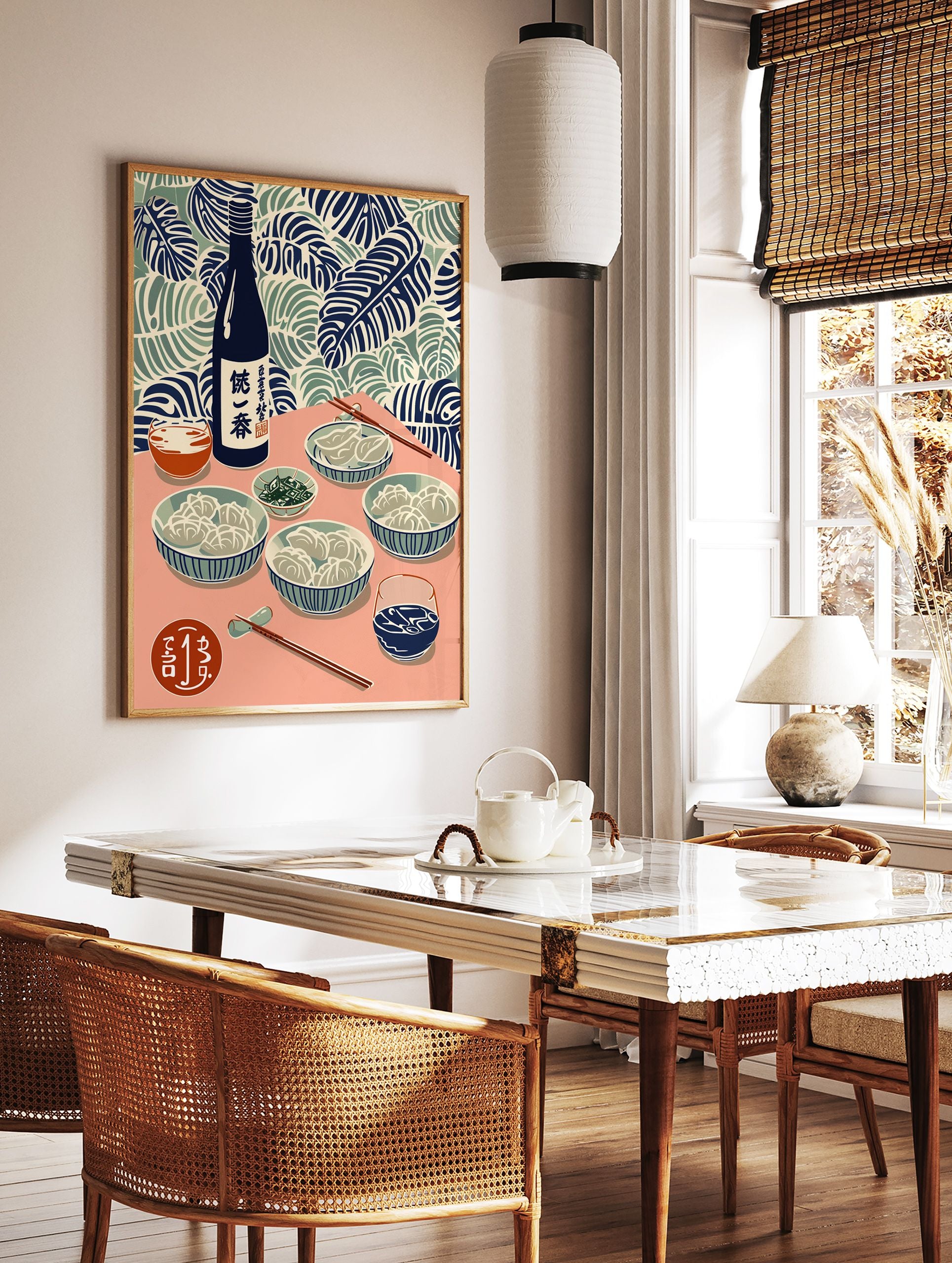 Japanese food poster illustration of gyoza, sake bottle, and drinks on a pink table with tropical leaf background. - Image 2