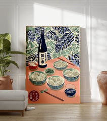 Japanese food poster illustration of gyoza, sake bottle, and drinks on a pink table with tropical leaf background. - Image 3
