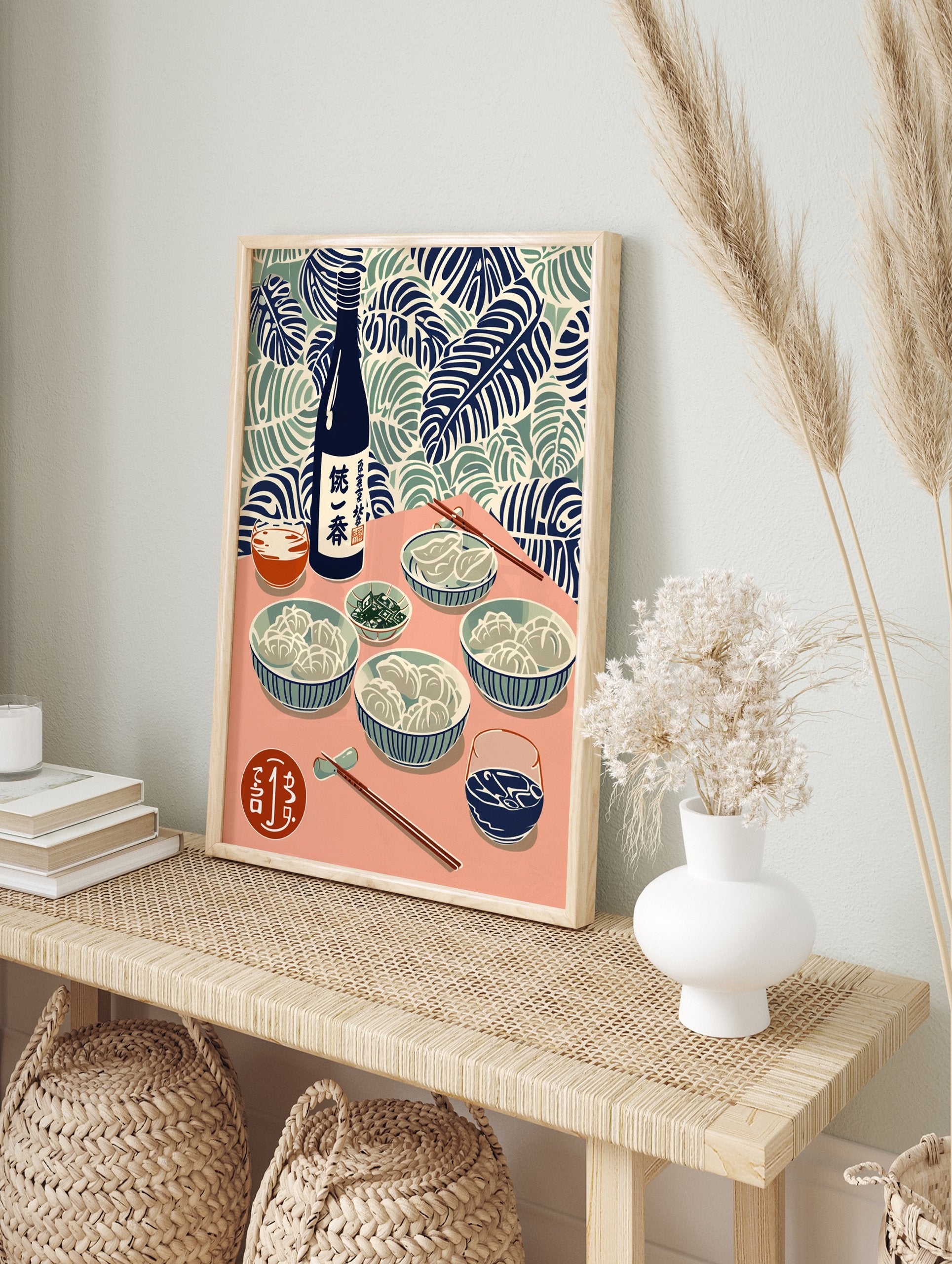 Japanese food poster illustration of gyoza, sake bottle, and drinks on a pink table with tropical leaf background. - Image 4