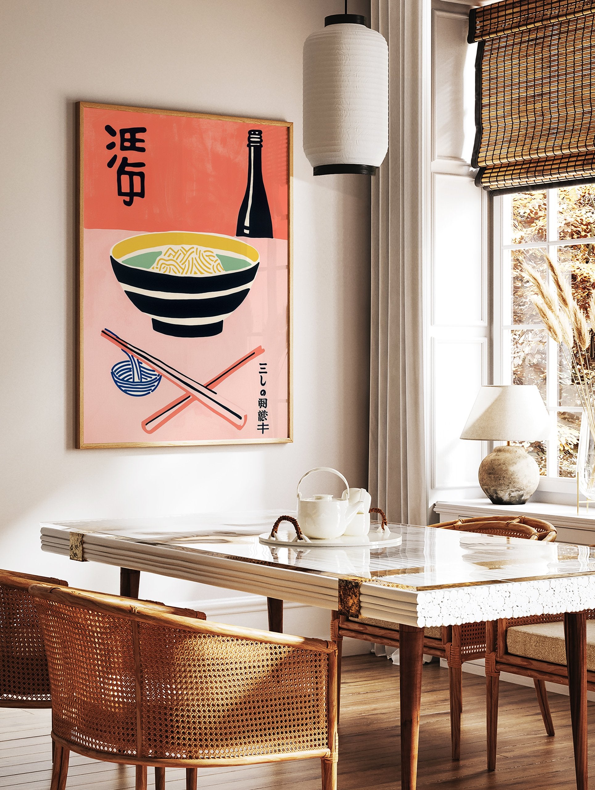 Japanese Food Poster with a black bowl of yellow noodles, black sake bottle, and coral chopsticks on a pink and coral background. - Image 2