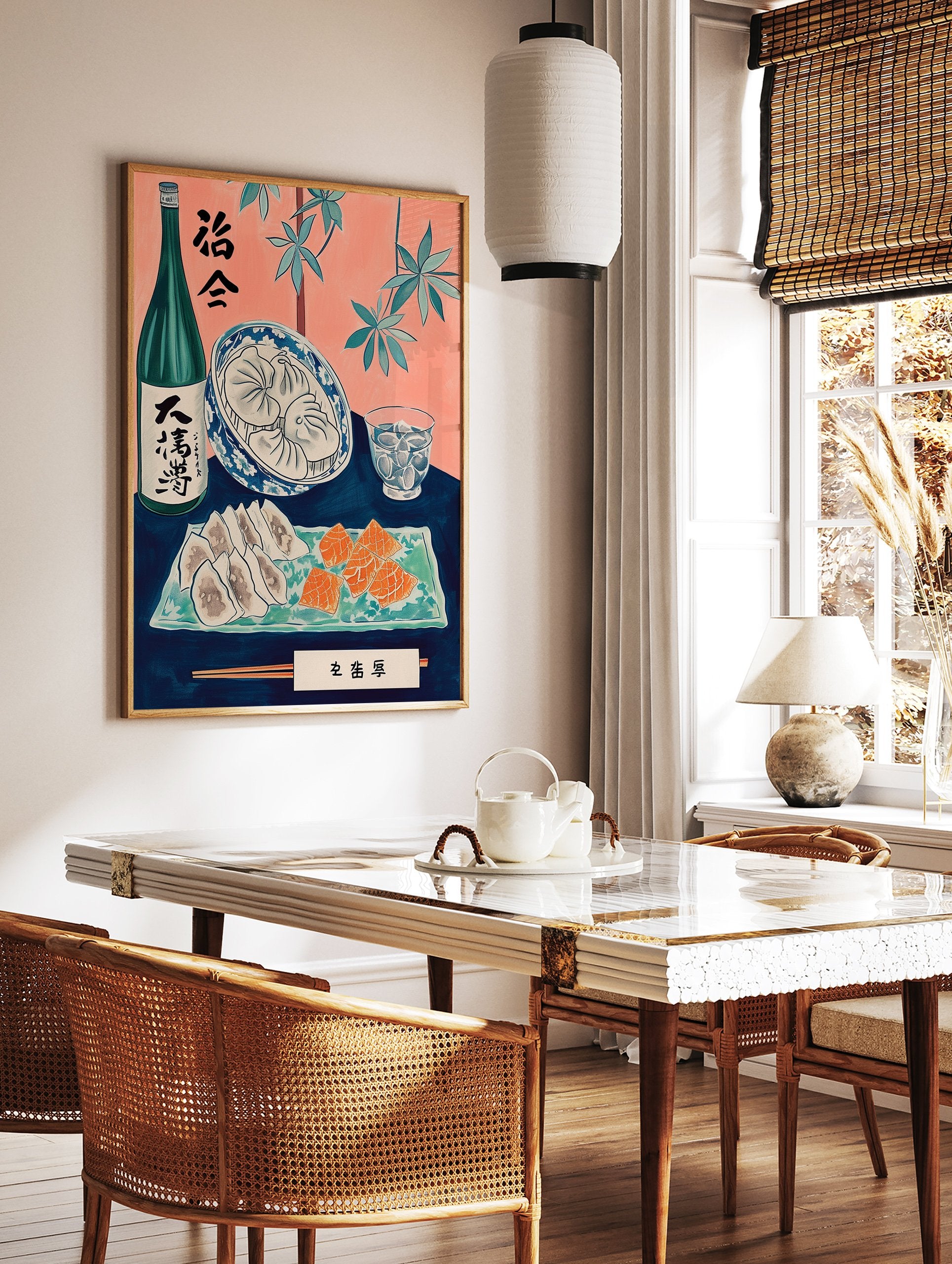 Japanese Food Poster with sake bottle, dumplings, and salmon sashimi on a blue table with pink background. - Image 2