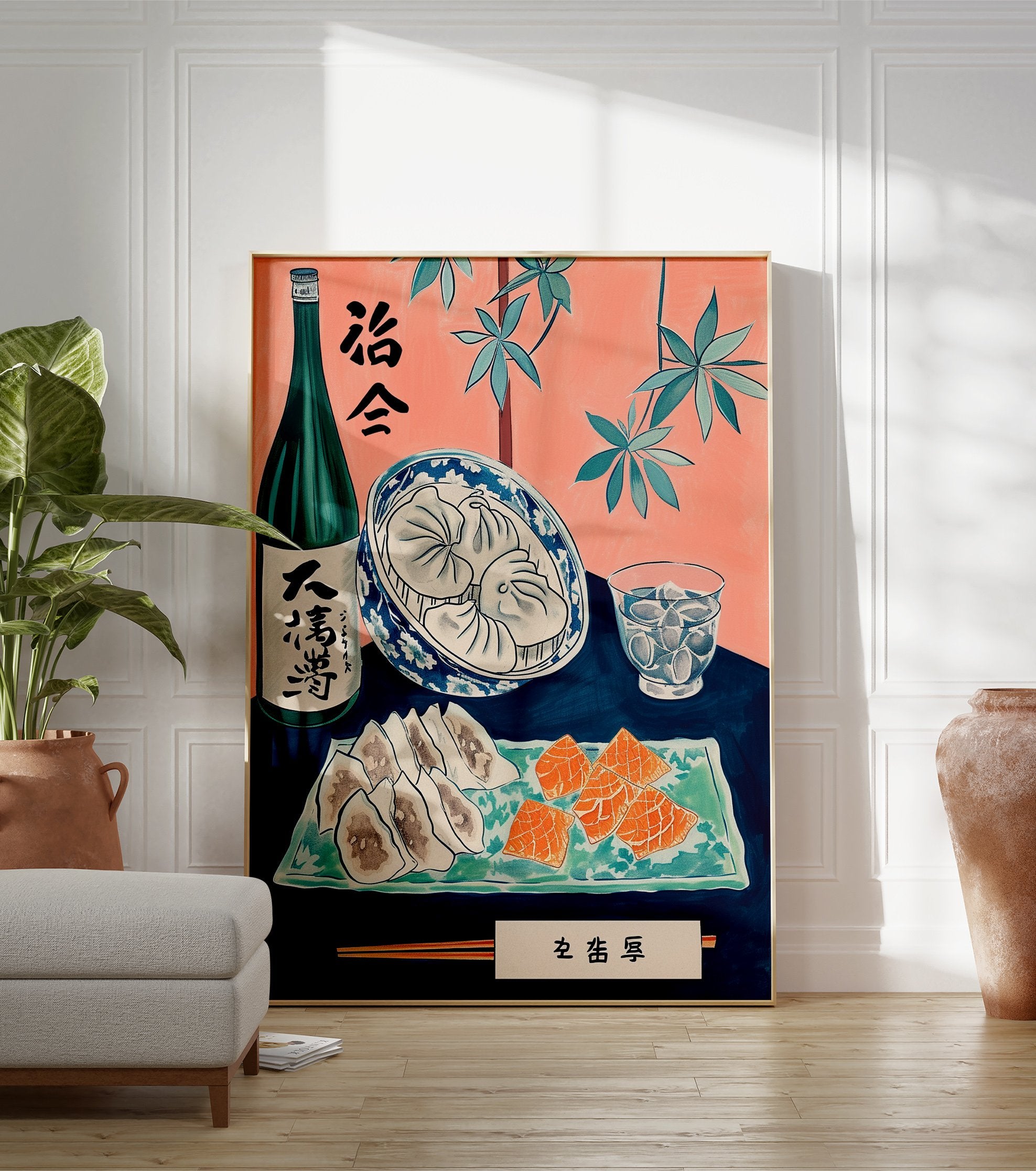 Japanese Food Poster with sake bottle, dumplings, and salmon sashimi on a blue table with pink background. - Image 3