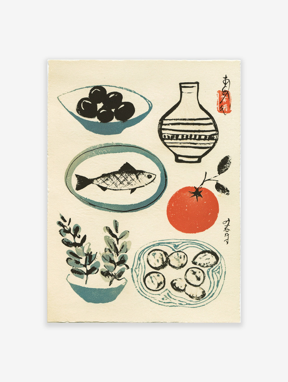Japanese still life poster with fish, olives, tomato, vase and leaves on cream background