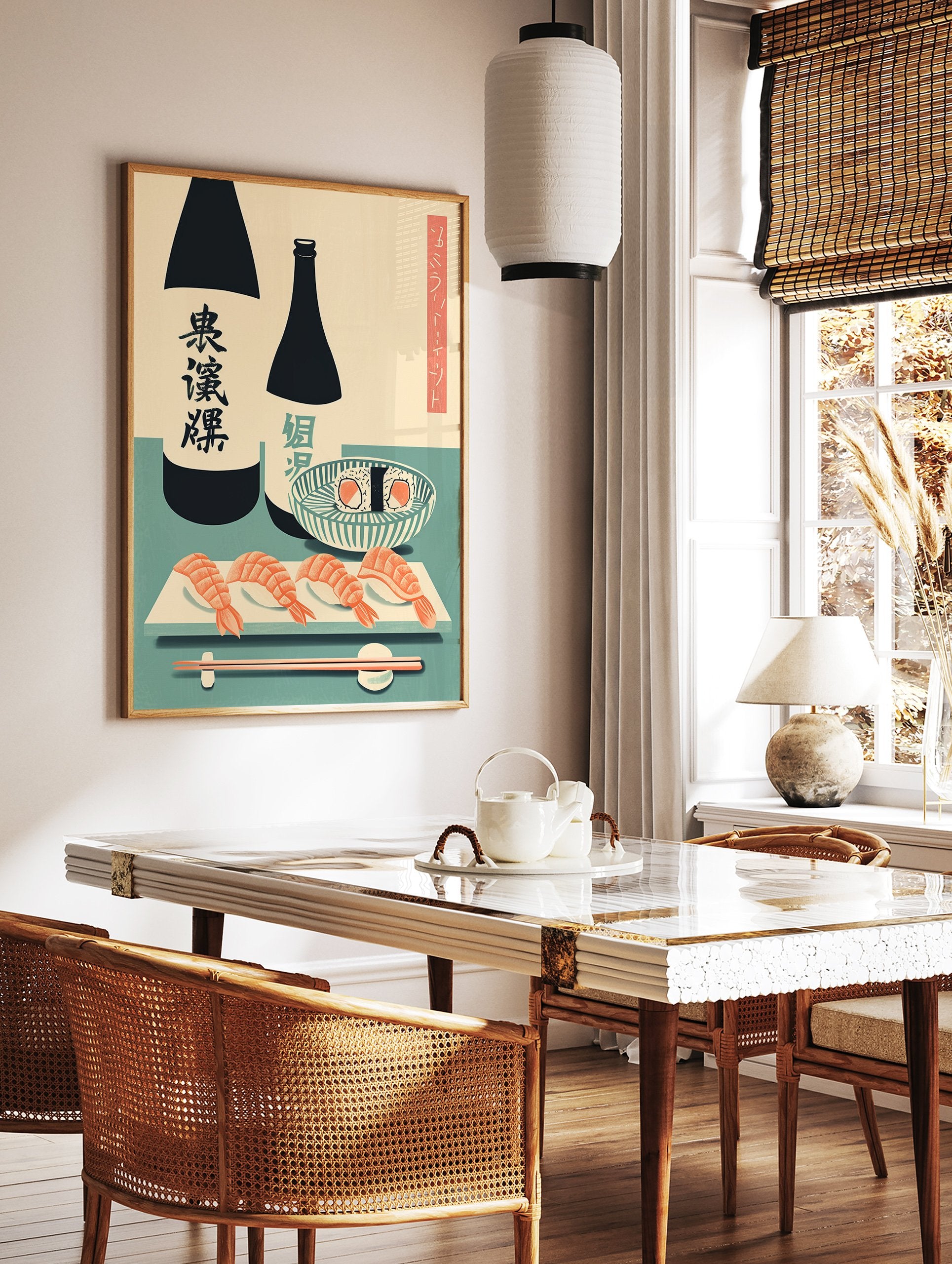 Japanese food poster featuring sushi, shrimp nigiri, maki rolls, and two sake bottles with chopsticks on a teal background. - Image 2