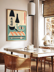 Japanese food poster featuring sushi, shrimp nigiri, maki rolls, and two sake bottles with chopsticks on a teal background. - Image 2