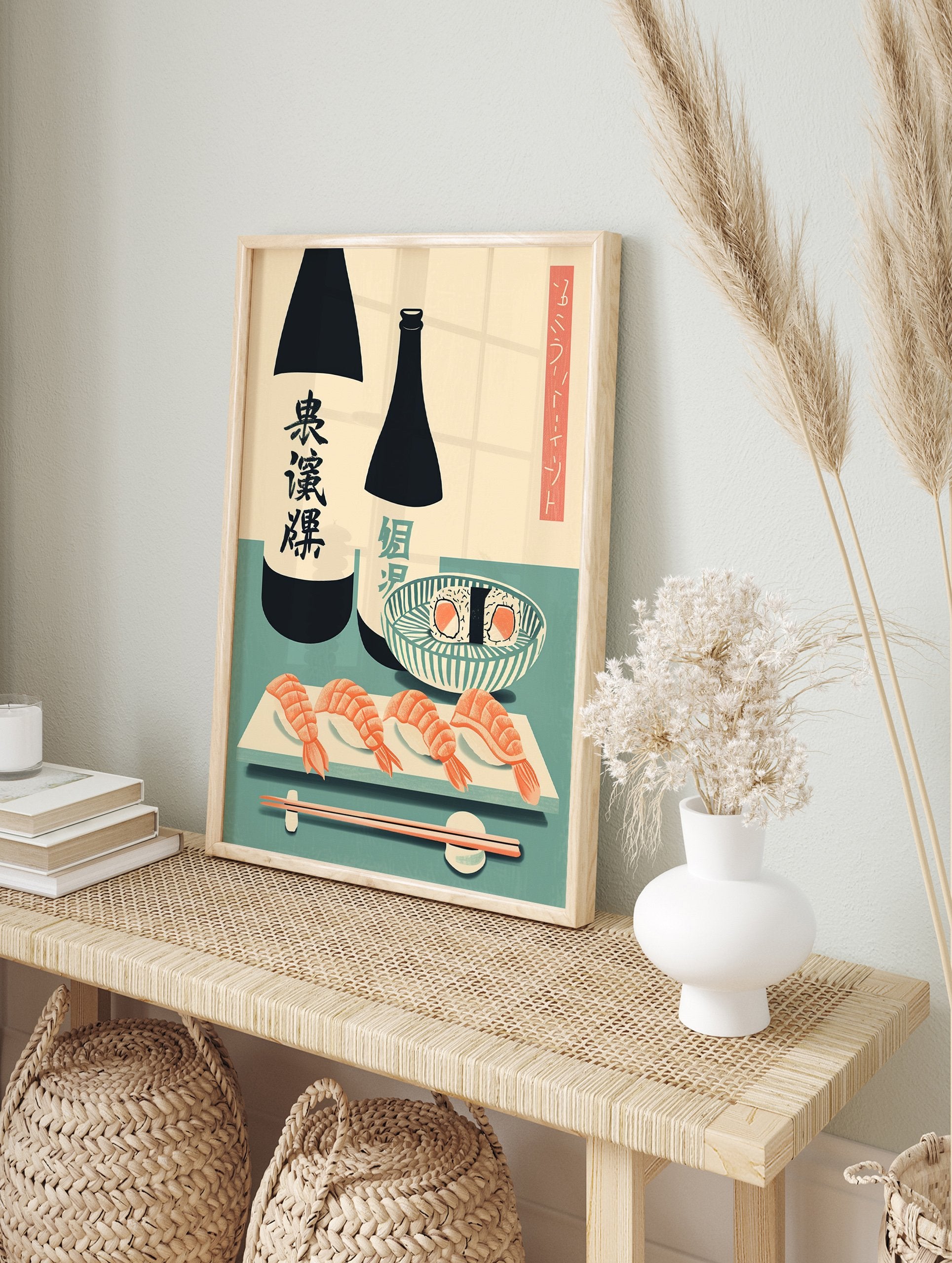 Japanese food poster featuring sushi, shrimp nigiri, maki rolls, and two sake bottles with chopsticks on a teal background. - Image 4