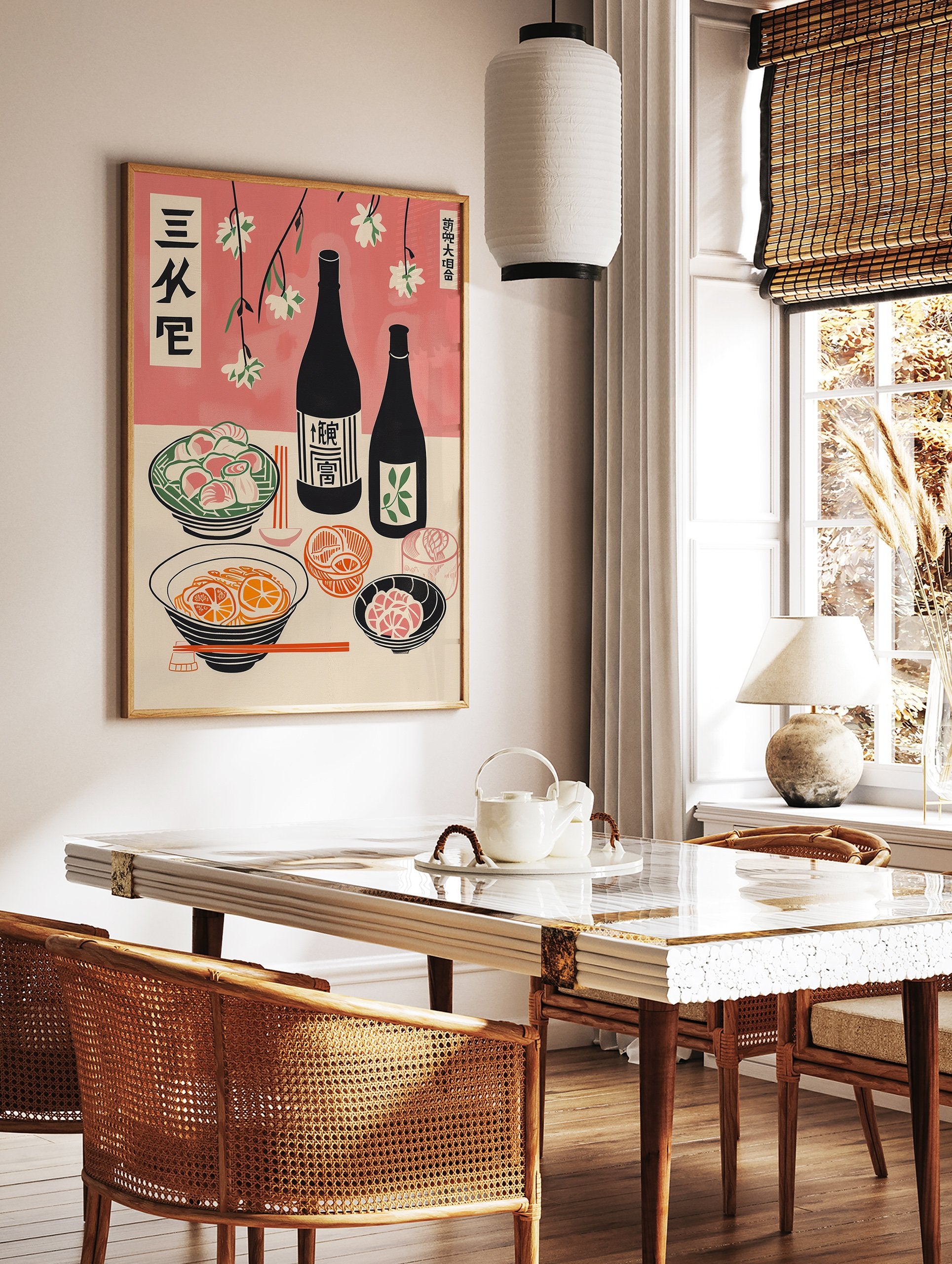 Japanese Food Poster featuring a table with traditional cuisine, sake bottles, and cherry blossoms in an illustrative style. - Image 2