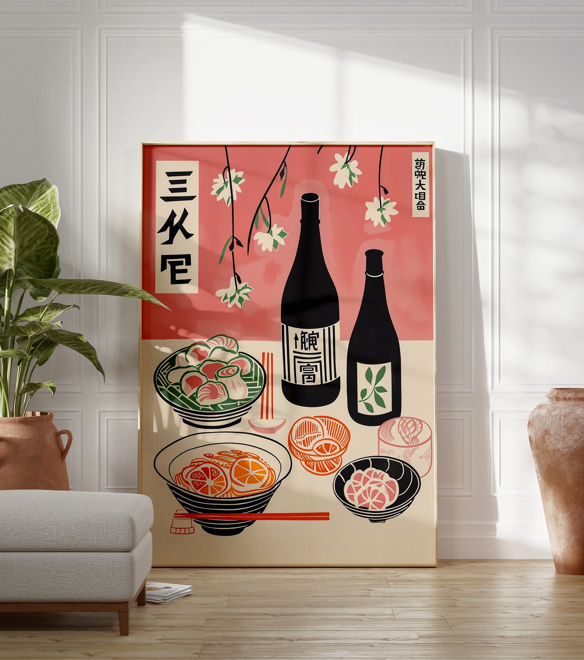 Japanese Food Poster featuring a table with traditional cuisine, sake bottles, and cherry blossoms in an illustrative style. - Image 3