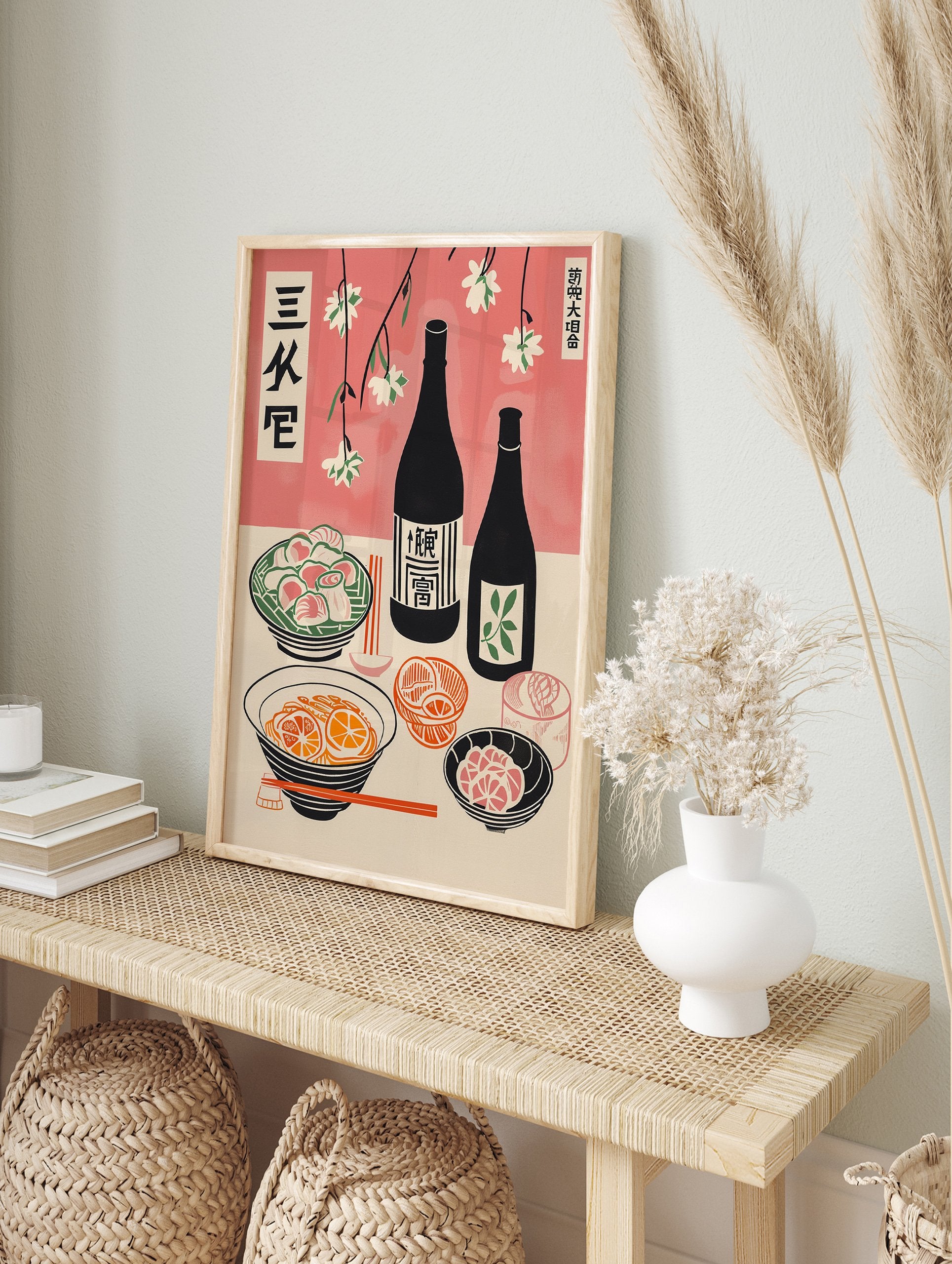 Japanese Food Poster featuring a table with traditional cuisine, sake bottles, and cherry blossoms in an illustrative style. - Image 4