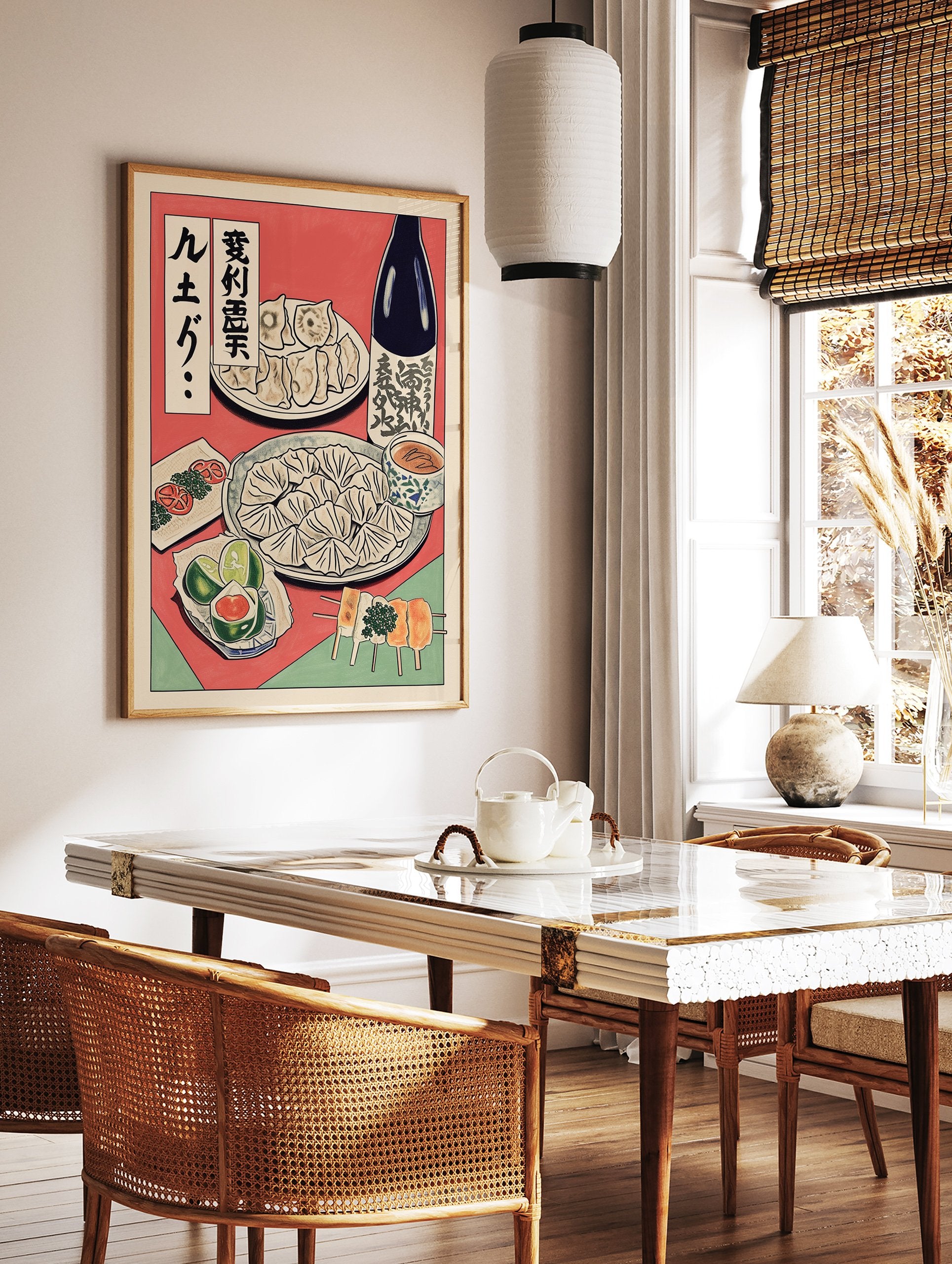 Japanese Food Poster featuring gyoza dumplings, sake bottle, skewers, limes, and tomatoes on a red and green background. - Image 2