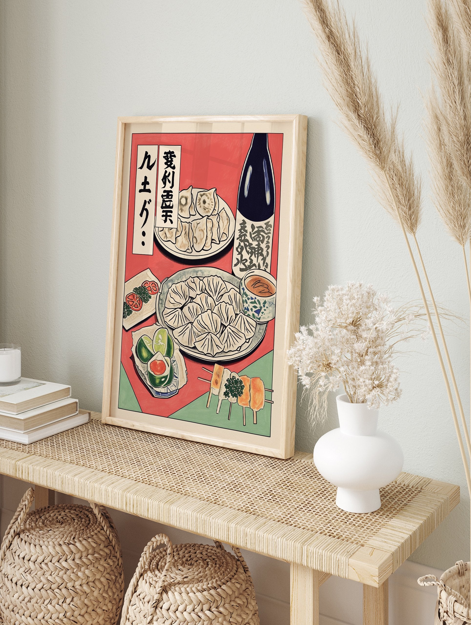 Japanese Food Poster featuring gyoza dumplings, sake bottle, skewers, limes, and tomatoes on a red and green background. - Image 4