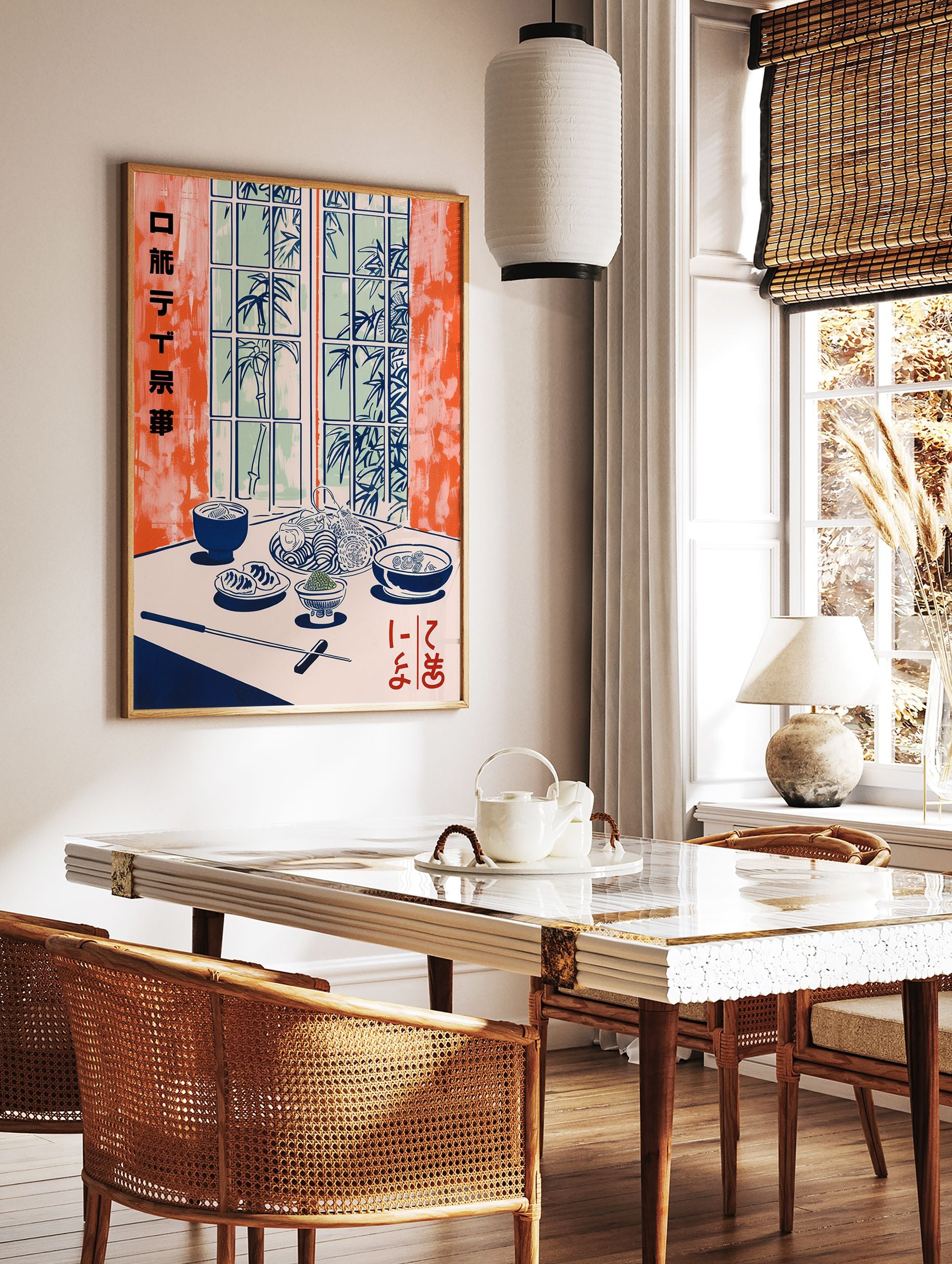 Japanese Food Poster illustration of traditional dishes on a table with bamboo outside a window, in orange and blue tones. - Image 2