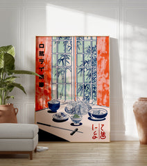 Japanese Food Poster illustration of traditional dishes on a table with bamboo outside a window, in orange and blue tones. - Image 3