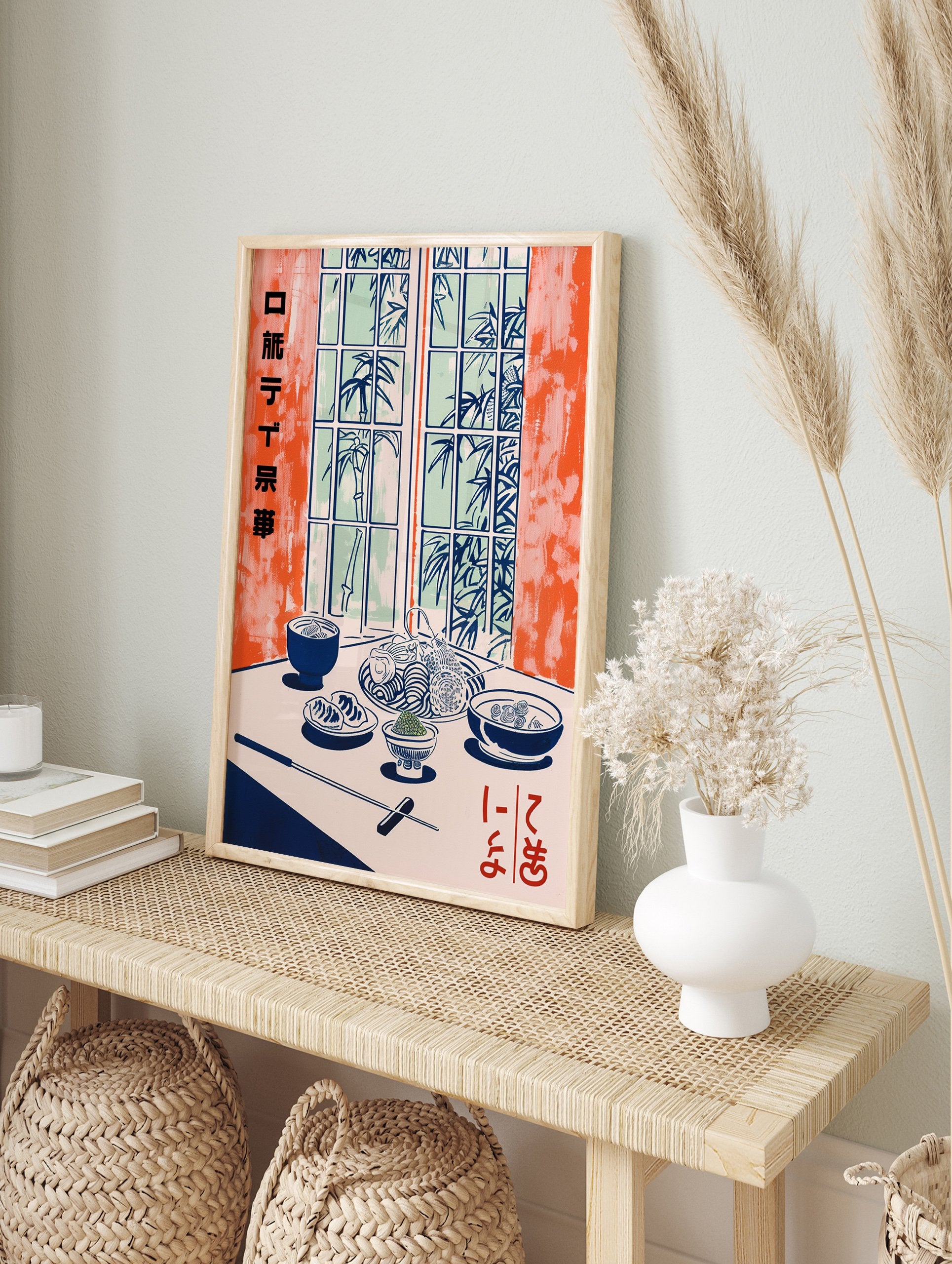 Japanese Food Poster illustration of traditional dishes on a table with bamboo outside a window, in orange and blue tones. - Image 4
