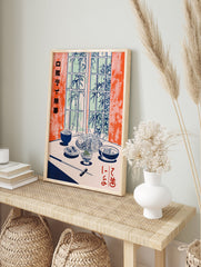 Japanese Food Poster illustration of traditional dishes on a table with bamboo outside a window, in orange and blue tones. - Image 4