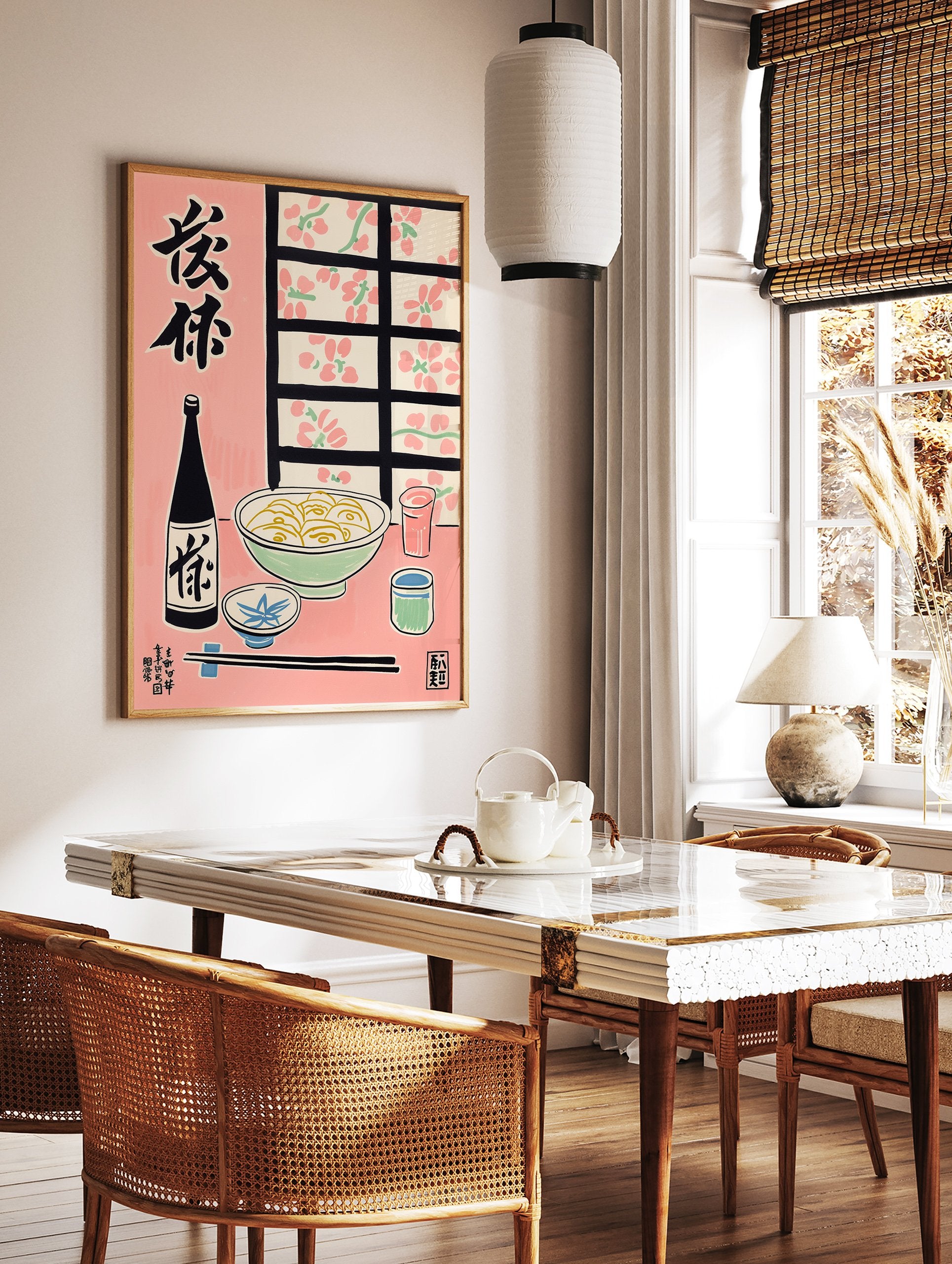 Japanese Food Poster featuring a vintage illustration of noodles, sake bottle, and chopsticks on a pink background. - Image 2