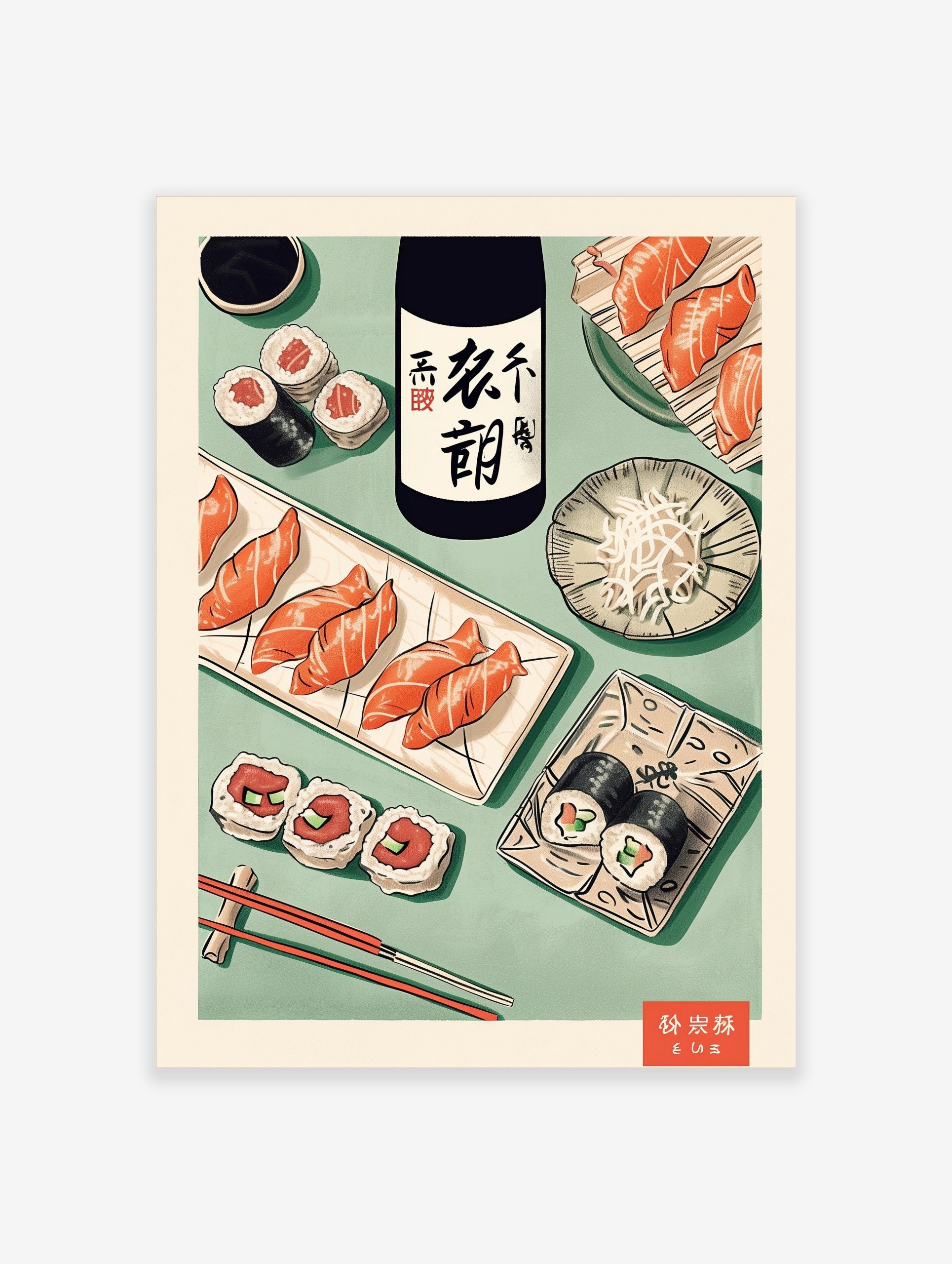 Japanese food illustration with sushi, sake bottle, and chopsticks on a green background, featuring Kanji text
