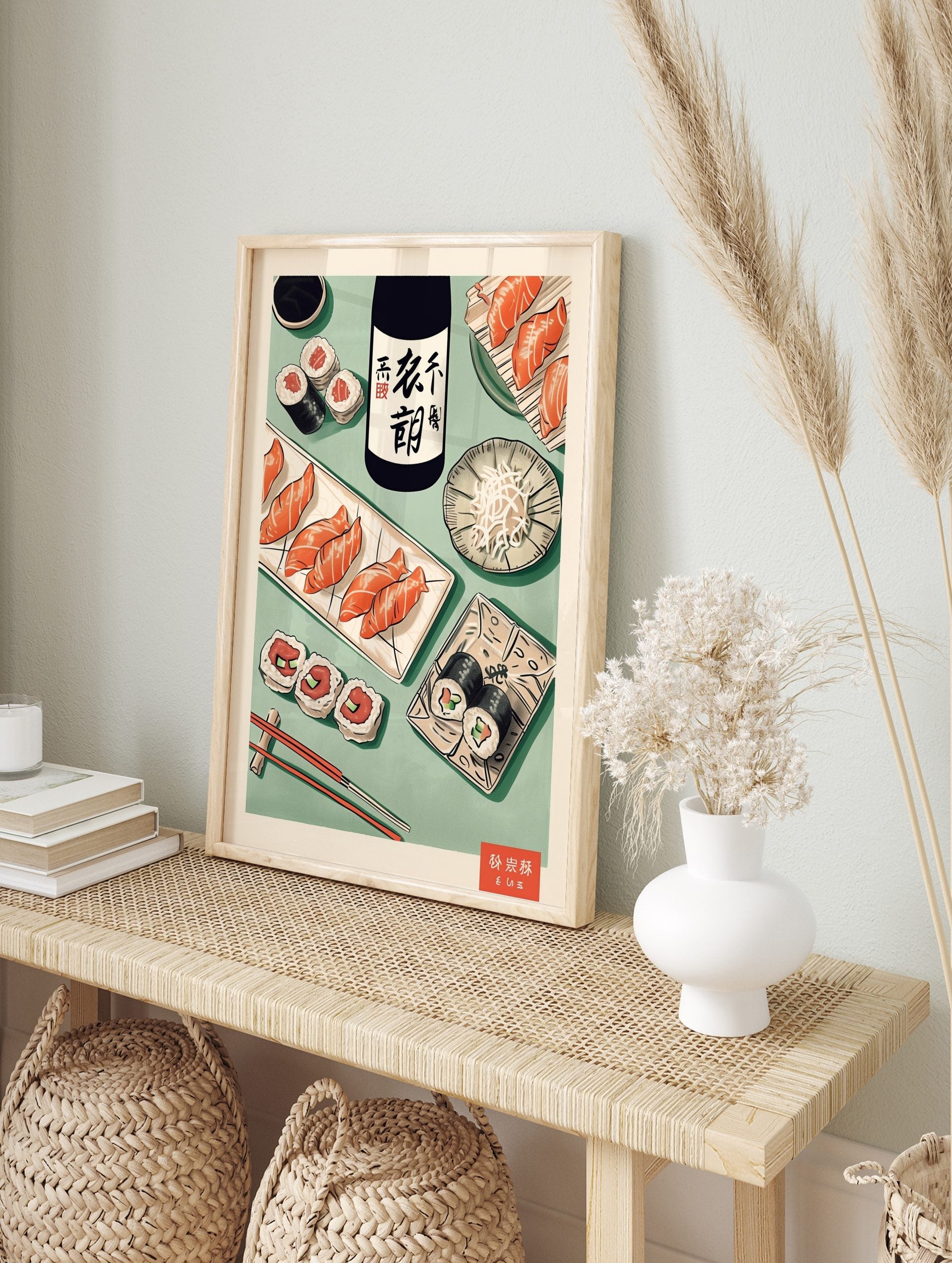Japanese food illustration with sushi, sake bottle, and chopsticks on a green background, in an alternate framed mockup