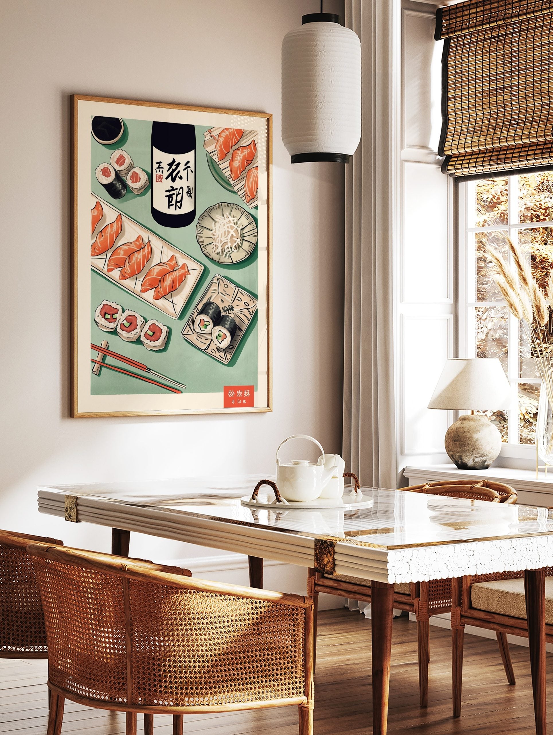 Japanese food illustration with sushi, sake bottle, and chopsticks on a green background, featuring, in a styled room mockup