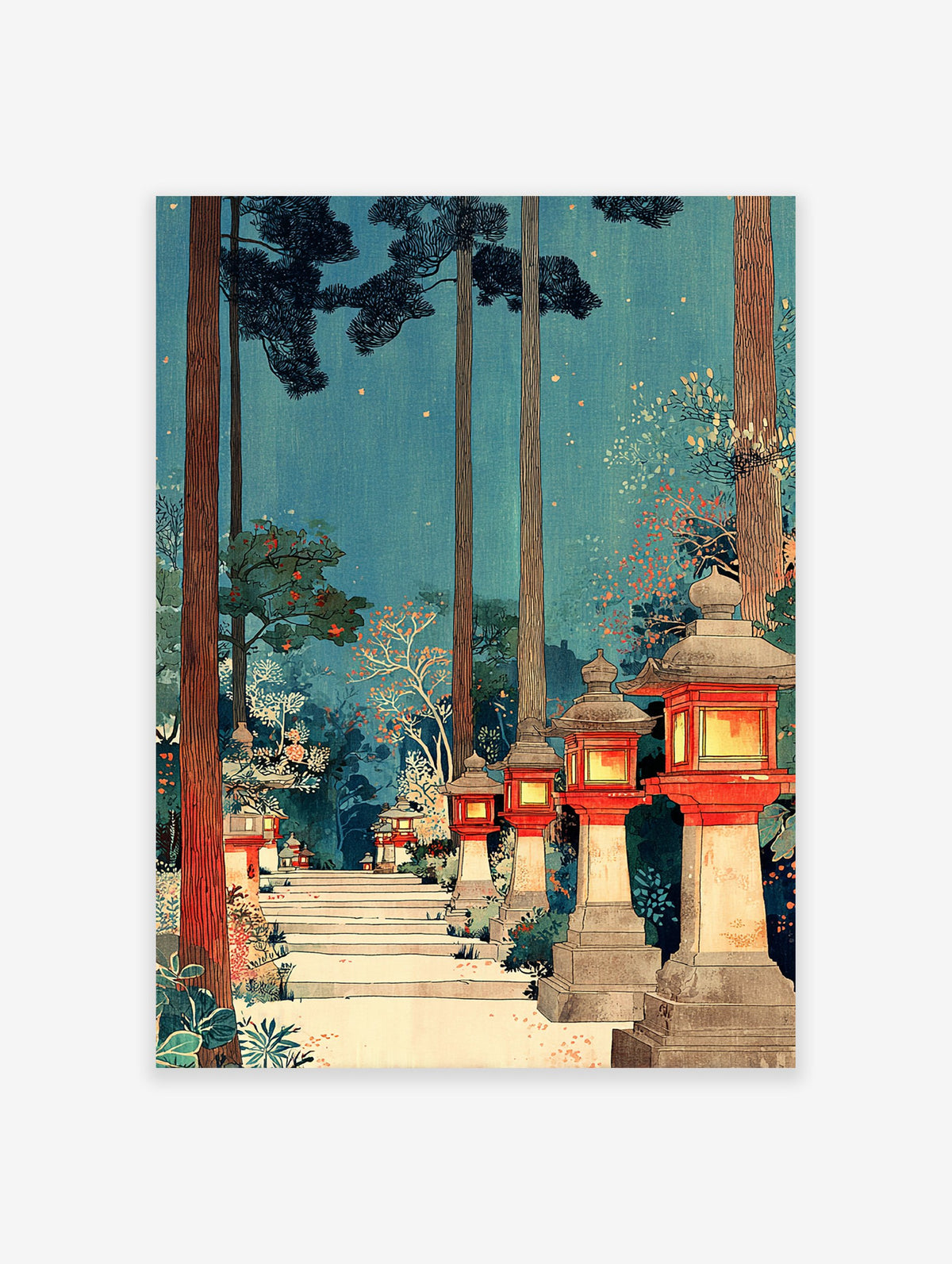 Traditional Japanese Forest Art print with a path lined by red glowing stone lanterns and tall pine trees under a twilight blue sky.