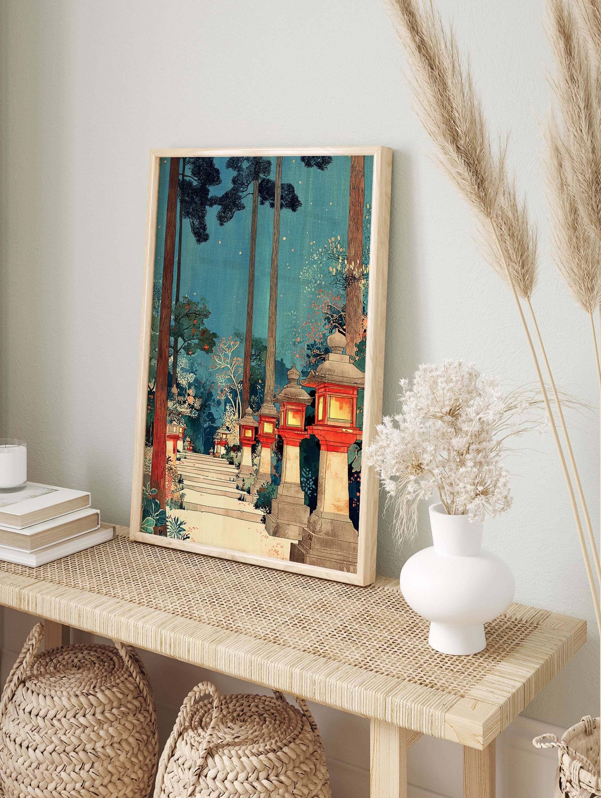 Traditional Japanese Forest Art print with a path lined by red glowing stone lanterns and tall pine trees under a twilight blue sky. - Image 3