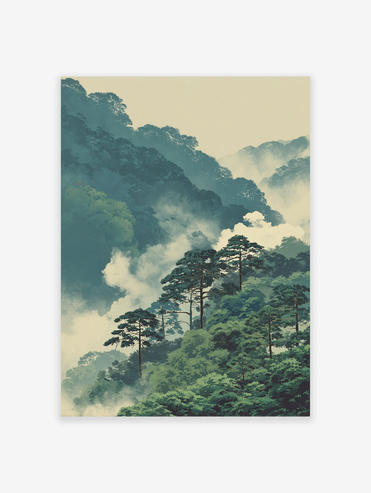 Japanese Forest Landscape Poster featuring misty green mountains, blue distant peaks, and tall pine trees in an illustrative style.