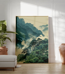 Japanese Forest Landscape Poster featuring misty green mountains, blue distant peaks, and tall pine trees in an illustrative style. - Image 3